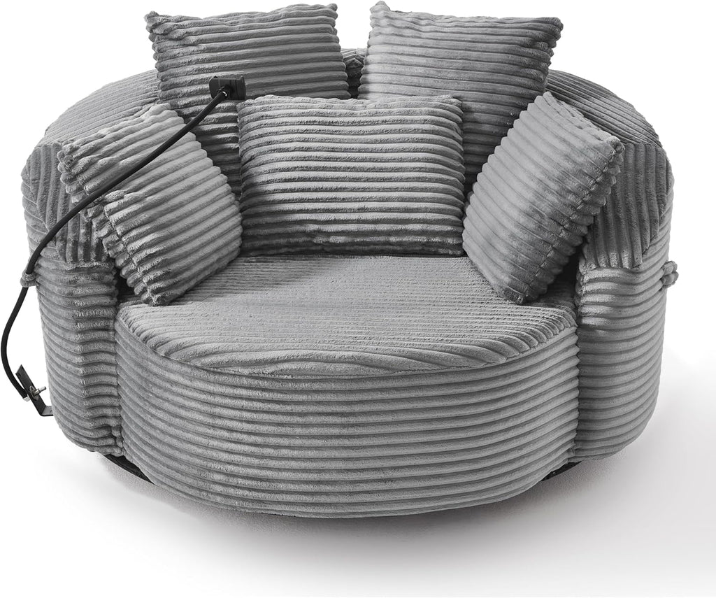 JIVOIT 360° Swivel Accent Chair with 5 Throw Pillows, Adjustable Phone Holder, Corduroy Fabric Round Sofa Chair Barrel Chair with Semi-Wraparound Design for Living Room, Office and Hotel (Gray,1)
