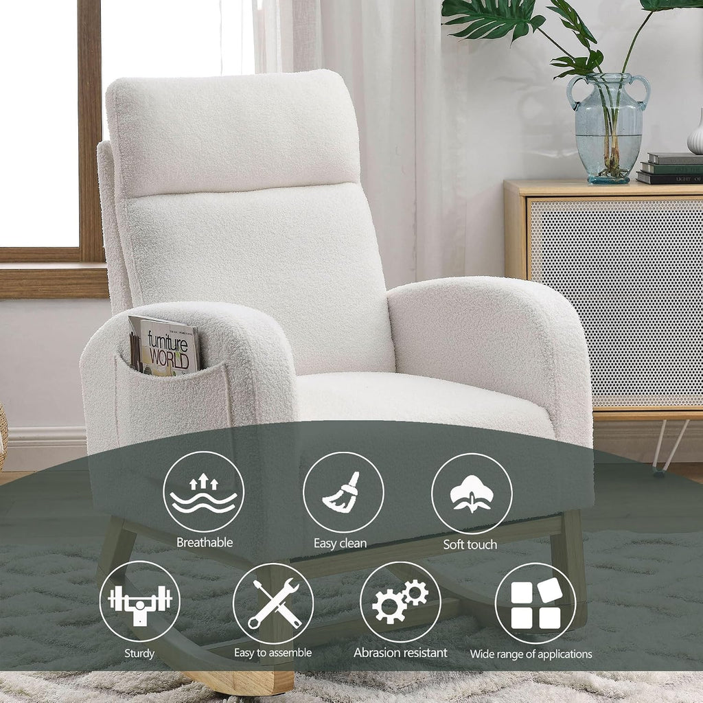 Nursery Rocking Chair Teddy Upholstered Accent Rocker Chair with High Backrest, Soft Rocker Glider Solid Rubber Wood Leg for Bedroom Living Room Nursing Room, Two Side Pocket, White Classic
