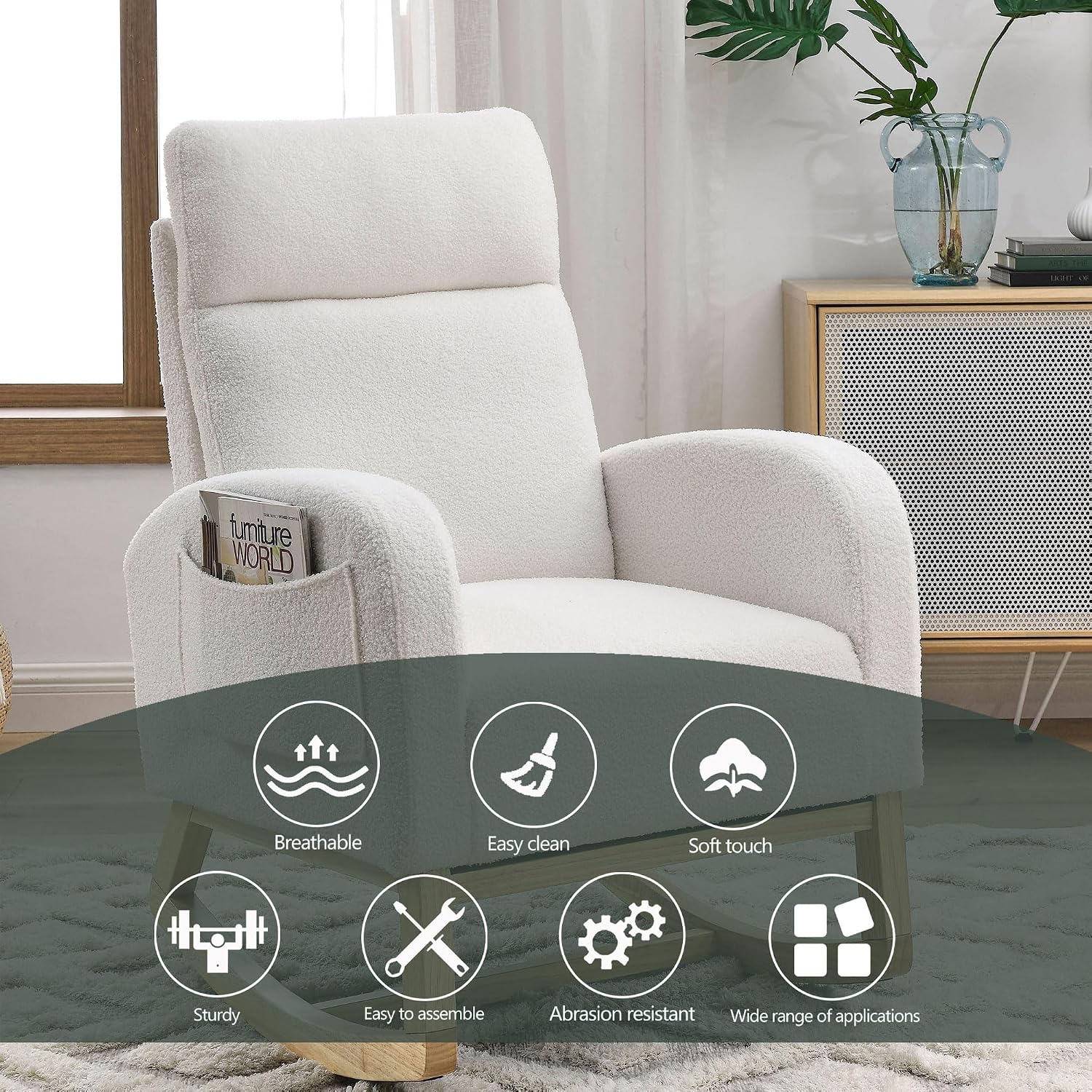 Nursery Rocking Chair Teddy Upholstered Accent Rocker Chair with High Backrest, Soft Rocker Glider Solid Rubber Wood Leg for Bedroom Living Room Nursing Room, Two Side Pocket, White Classic