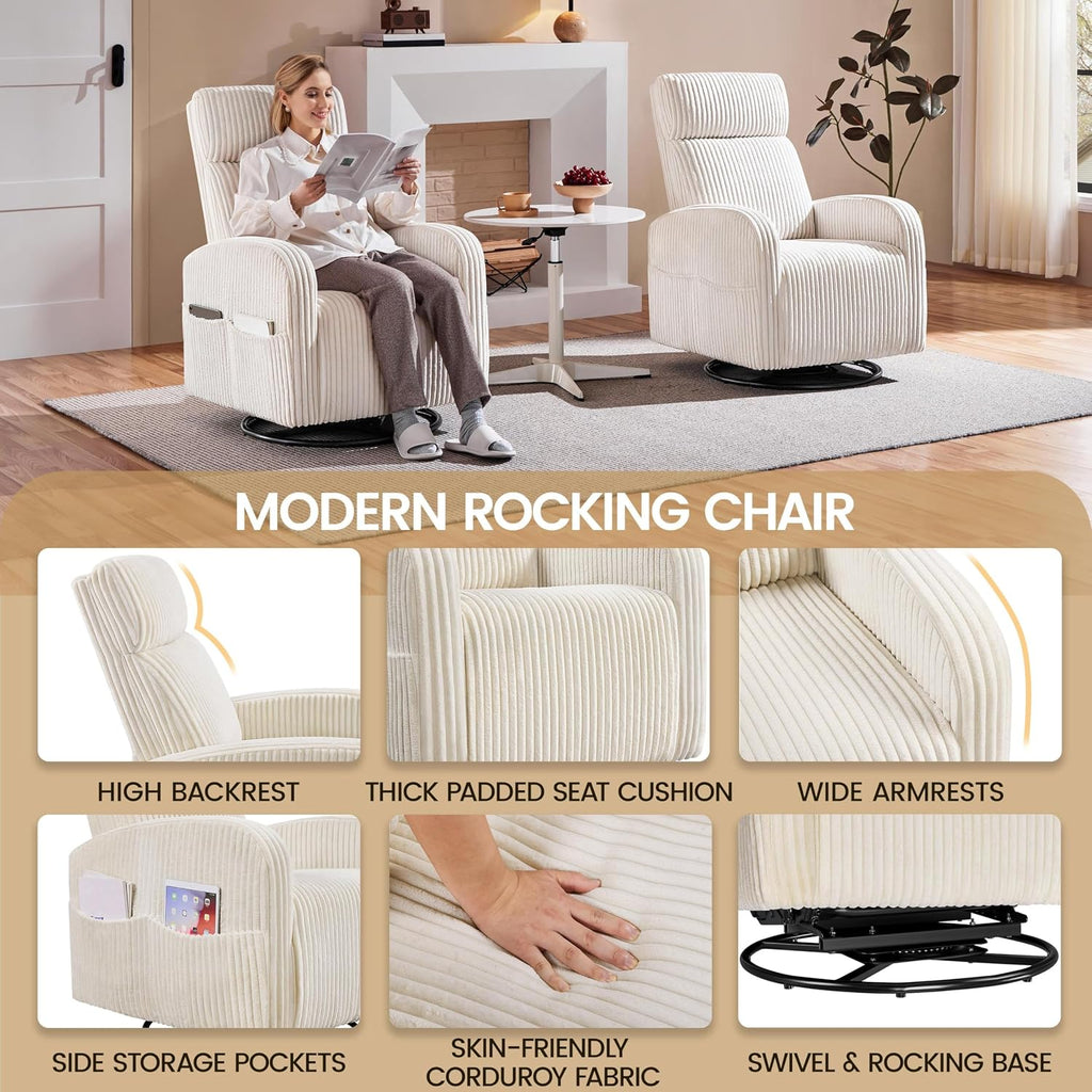Yaheetech 360° Swivel Glider Chair for Nursery, Rocking Chair Nursing Chair with Side Pockets, Corduroy Glider for Living Room with High Back Beige Set of 2
