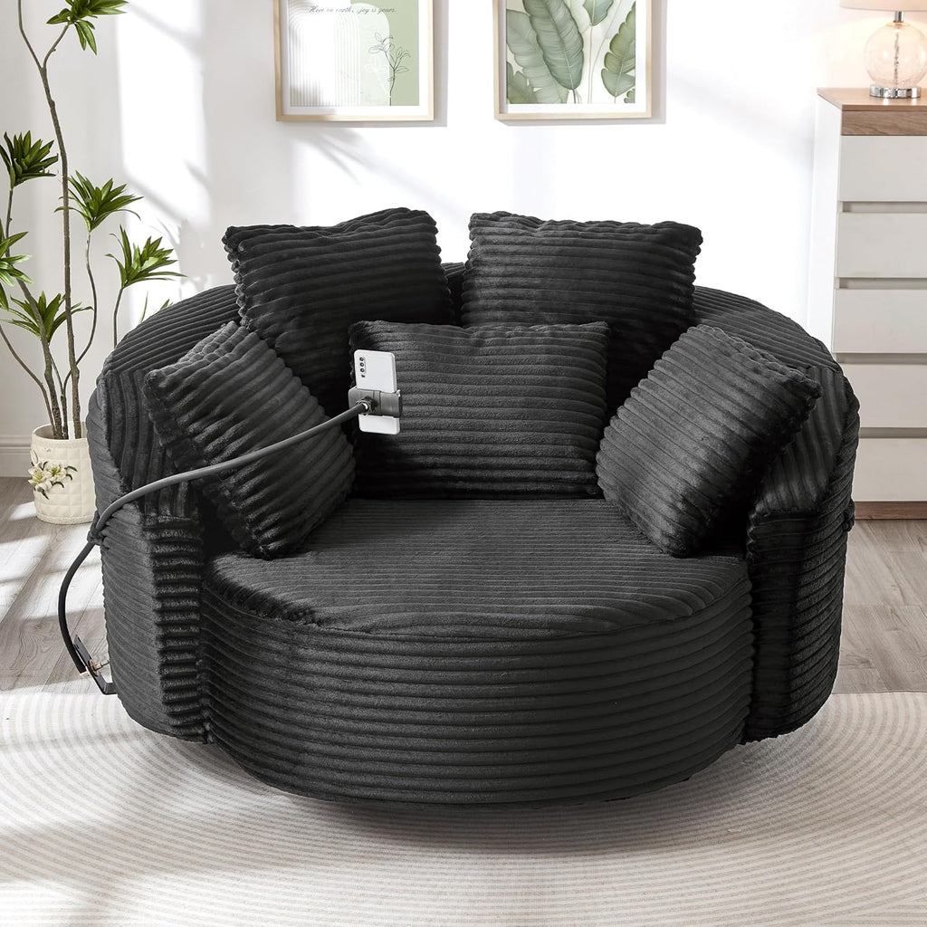 JIVOIT 360° Swivel Accent Chair with 5 Throw Pillows, Adjustable Phone Holder, Corduroy Fabric Round Sofa Chair Barrel Chair with Semi-Wraparound Design for Living Room, Office and Hotel (Black,1)