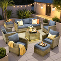 ovios 8 Pieces Patio Furniture Set Outdoor Sofa Couch with Solar Lights Table Comfy Cushions, Modern Deep Seat Wicker Rattan Conversation Set for Porch Deck, Denim Blue