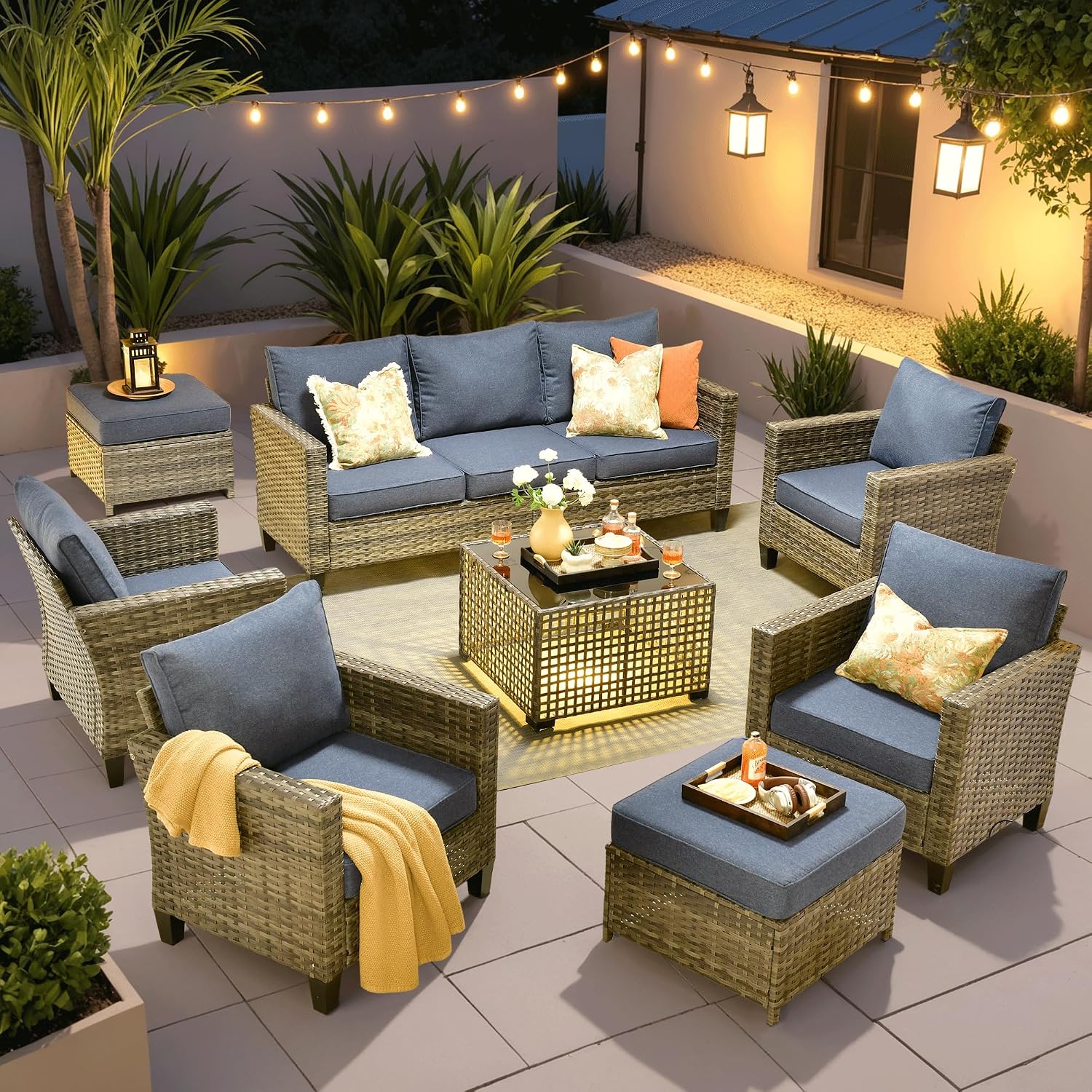 ovios 8 Pieces Patio Furniture Set Outdoor Sofa Couch with Solar Lights Table Comfy Cushions, Modern Deep Seat Wicker Rattan Conversation Set for Porch Deck, Denim Blue