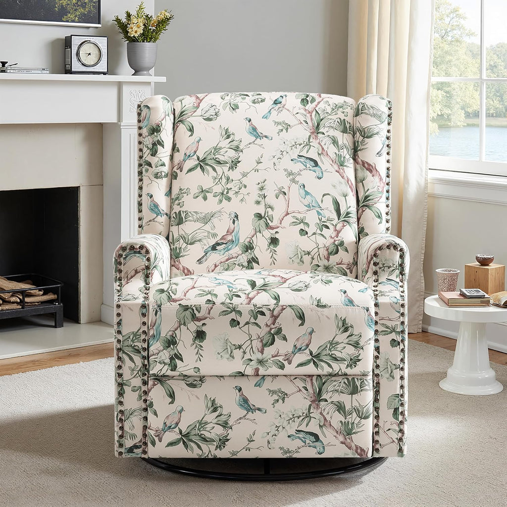 Lumibee Swivel Wingback Recliner Chair, 360° Swivel Rocker Recliner Chair with Footrest High Back, Comfy Upholstered Glider Rocking Chair for Living Room Bedroom (Bird)