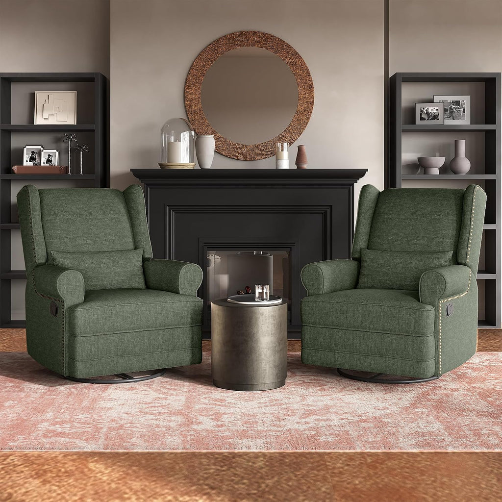 RoyalCraft Swivel Recliner Chair, Comfy Glider Rocking Chairs with Lumbar Pillow and Footrest, Upholstered Swivel Rocking Chair for Bedroom, Dark Green