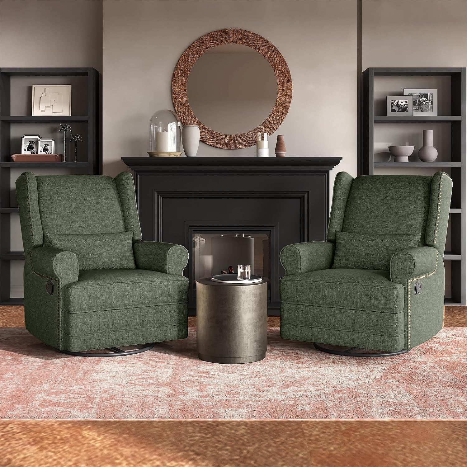 RoyalCraft Swivel Recliner Chair, Comfy Glider Rocking Chairs with Lumbar Pillow and Footrest, Upholstered Swivel Rocking Chair for Bedroom, Dark Green