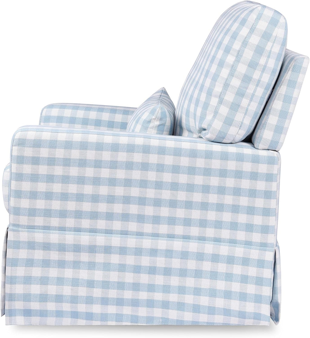 Namesake Crawford Pillowback Comfort Swivel Glider in Blue Gingham, Greenguard Gold & CertiPUR-US Certified