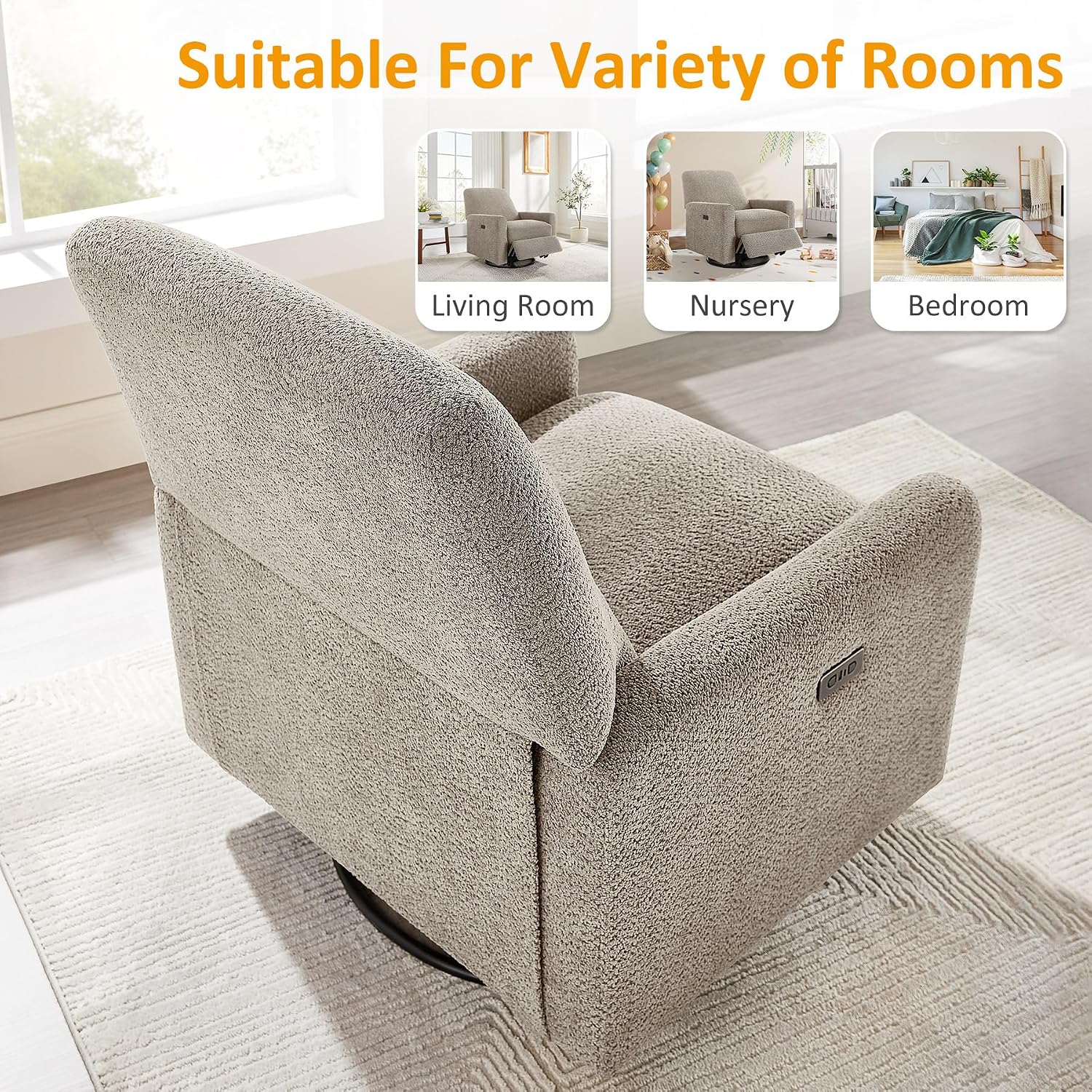 VANOMi Power Recliner Chair, 270° Swivel Nursery Chair with USB Charging Port Comfy Boucle Glider Rocking Chairs for Living Room, Nursery, Bedroom, Camel