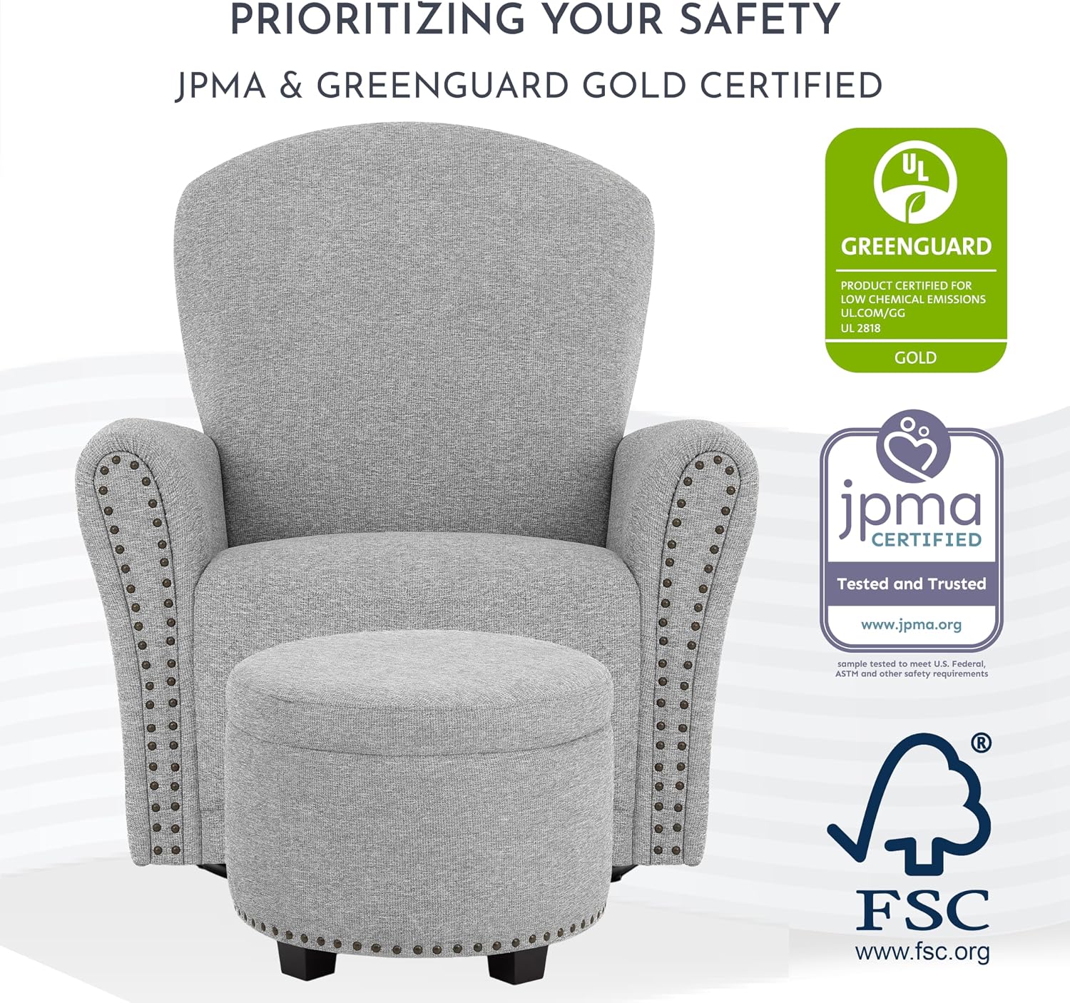 Evolur Vienna Swivel Glider with Ottoman, FSC Certified, Greenguard Gold and JPMA Certified Glider Rocking Chair, 360° Swivel Motion, Ergonomic Design Nursery Glider, Cobblestone