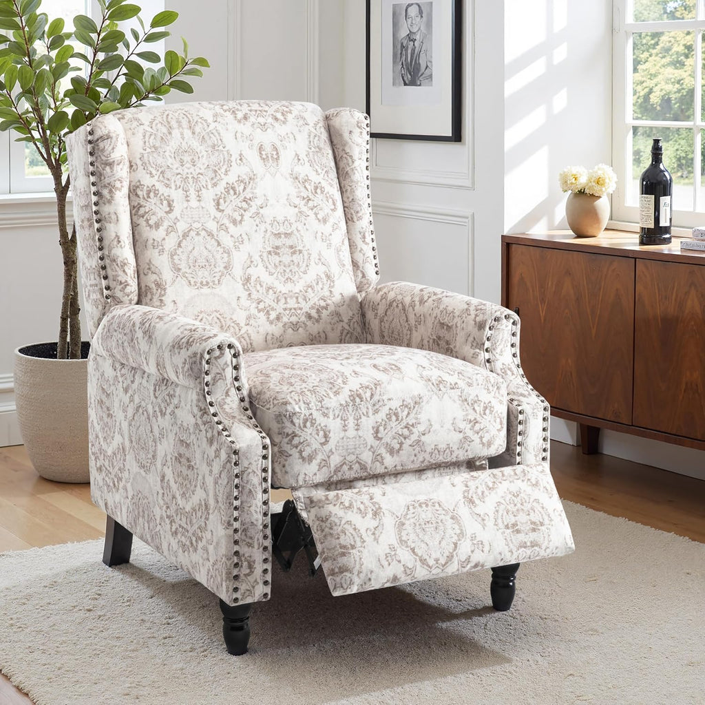 Pushback Recliner Chair, Floral Fabric Wingback Recliner Chair, Upholstered Armchair Push Back Recliner, Rivet Trim Single Sofa Accent Chair with Wood Legs for Living Room, Beige