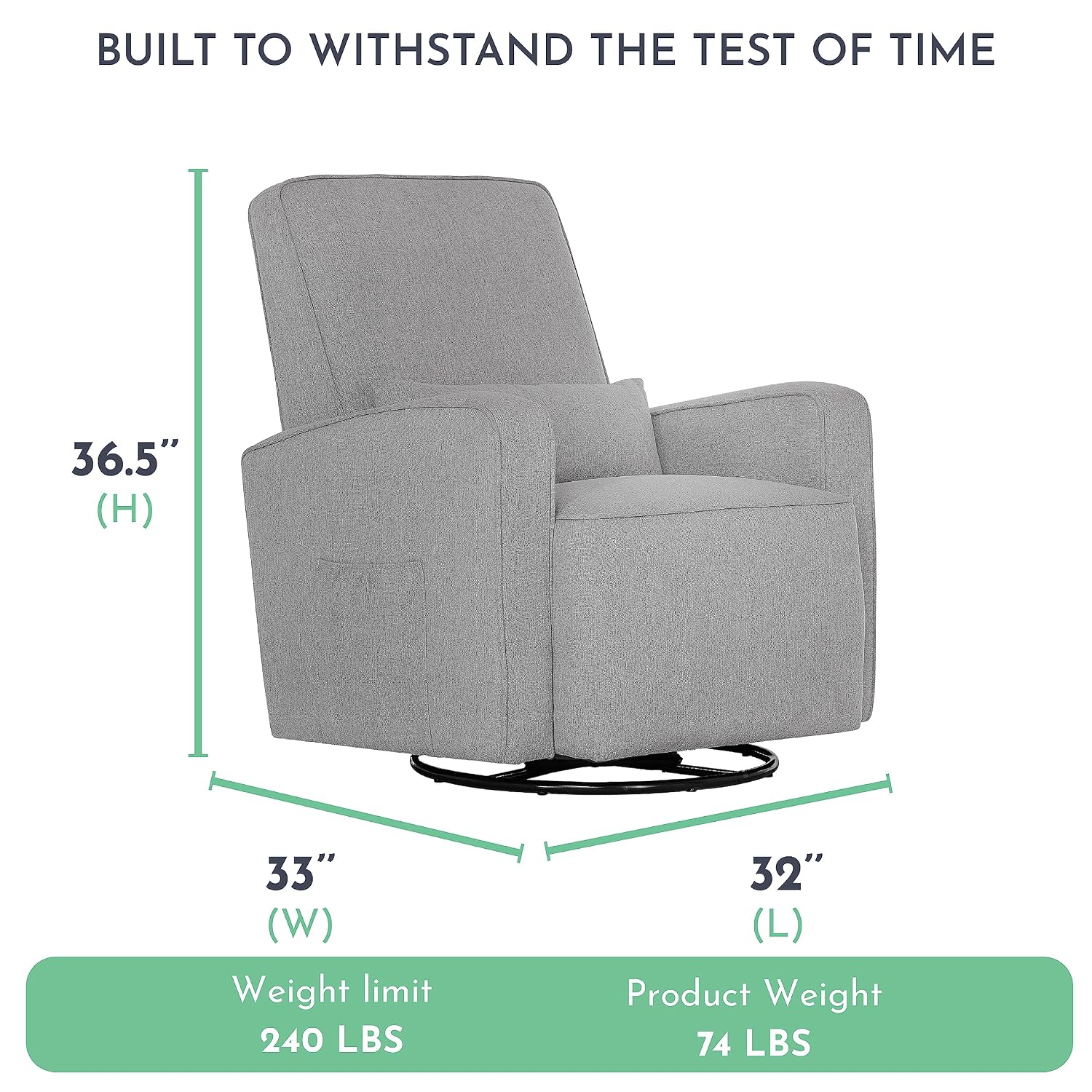 Evolur Holland Upholstered Plush Seating Glider Swivel, Glider Chair for Nursery in Light Grey, Modern Nursery Glider, Tool-Free Assembly, Easy to Clean, Environmentally Conscious Glider