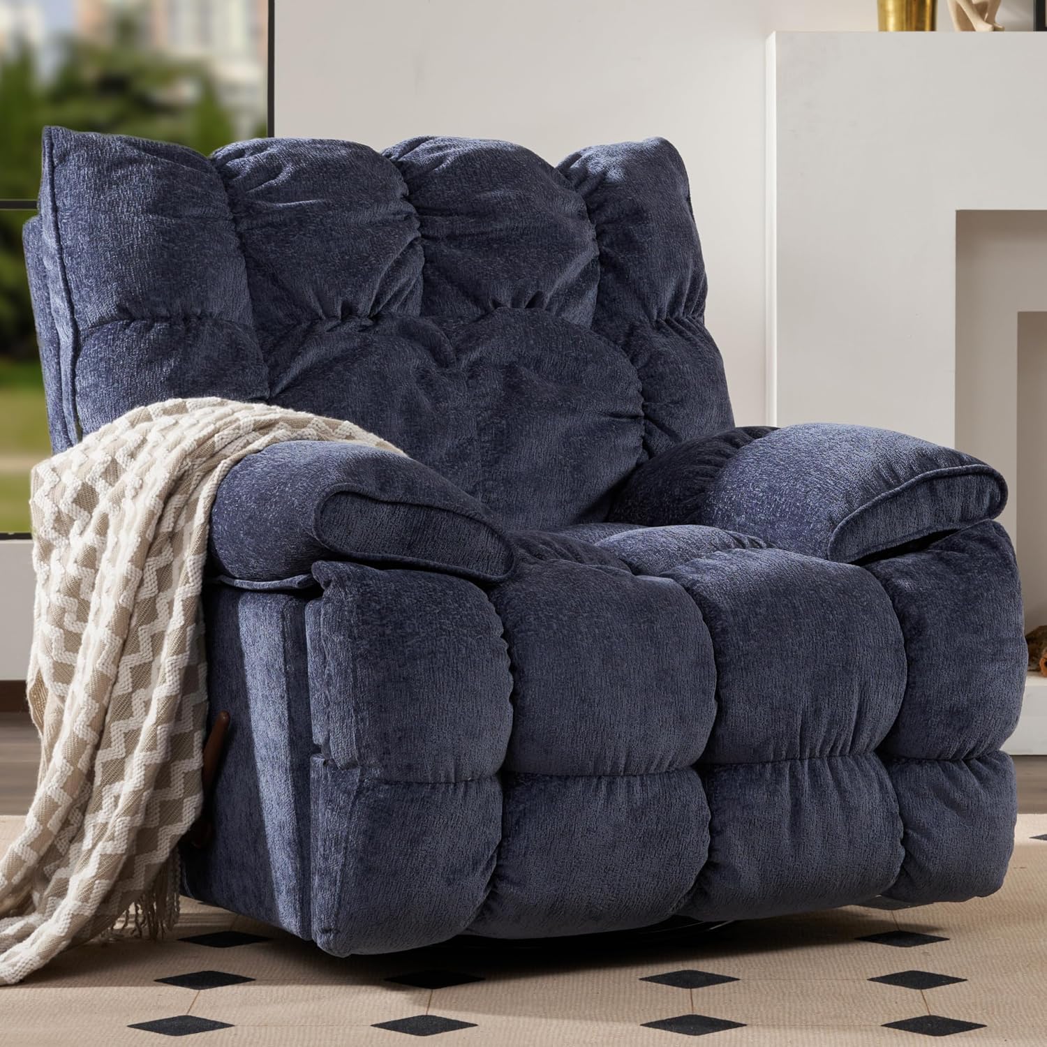 SITJOY Oversized Power Swivel Rocker Recliner Chair, Overstuffed Extra Wide Rocking Chair for Big and Tall, Glider Recliner Nursery Chair, Soft Breathable Fabric in Dark Blue, Manual