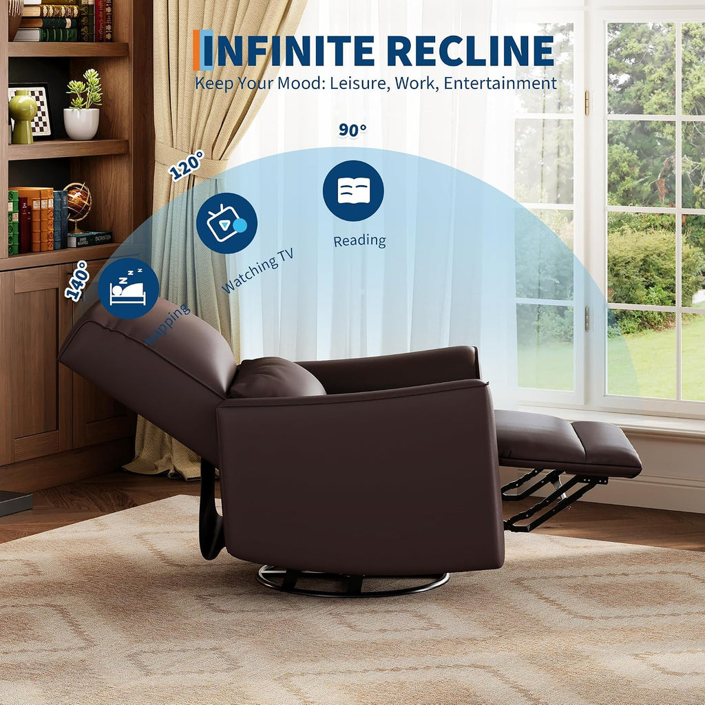 GarveeHome Recliner Chair, 360° Swivel Rocker Glider Nursery Chair with Padded Armrest and Deep Seat, PU Leather Upholstered Reclining Sofa Chair for Living Room, Bedroom and Nursery (Dark Brown)
