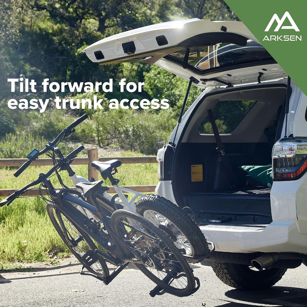 ARKSEN Bike Rack Hitch for Car, SUV & Truck, 2-Bike Hitch Mount Foldable Platform Rack w/Smart Tilt, Holds Electric Bikes up to 80 lbs Each (160 lbs Total), Fits 2' Receiver, for Fat Tire & Standard