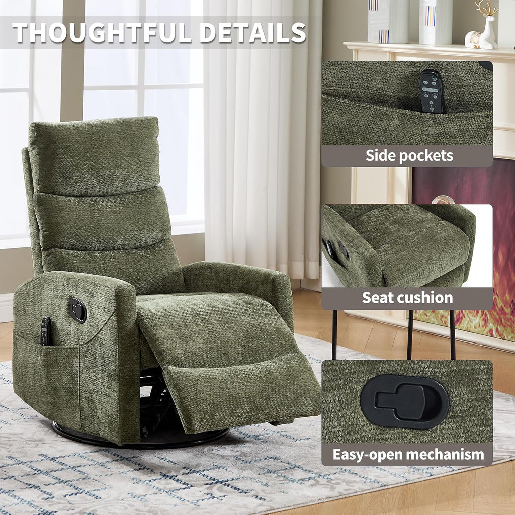 Manual Swivel Rocker Recliner Chair for Adults, Overstuffed Glider Chair for Nursing with Vibration Massage & Lumbar Heat, Living Room Rocking Recliner 3-Stage backrest, Chenille Fabric Green