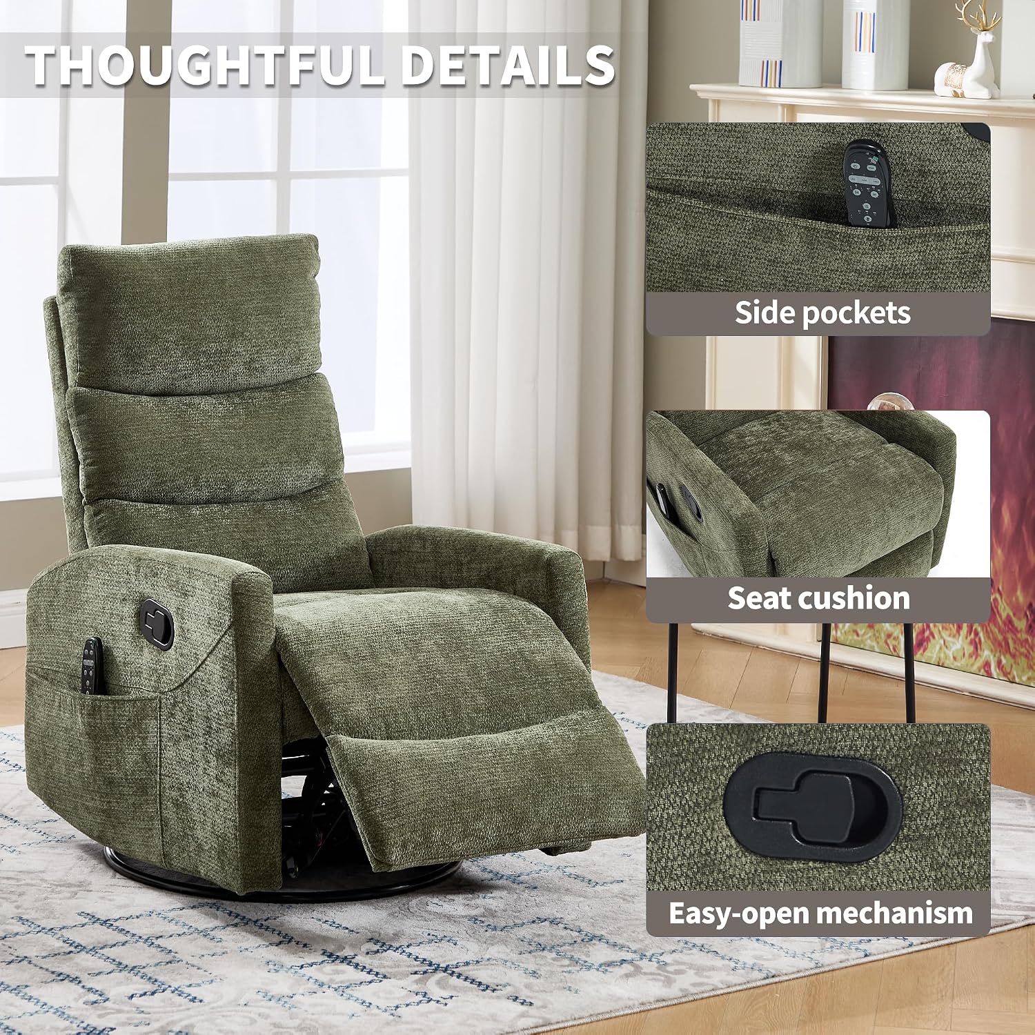 Manual Swivel Rocker Recliner Chair for Adults, Overstuffed Glider Chair for Nursing with Vibration Massage & Lumbar Heat, Living Room Rocking Recliner 3-Stage backrest, Chenille Fabric Green