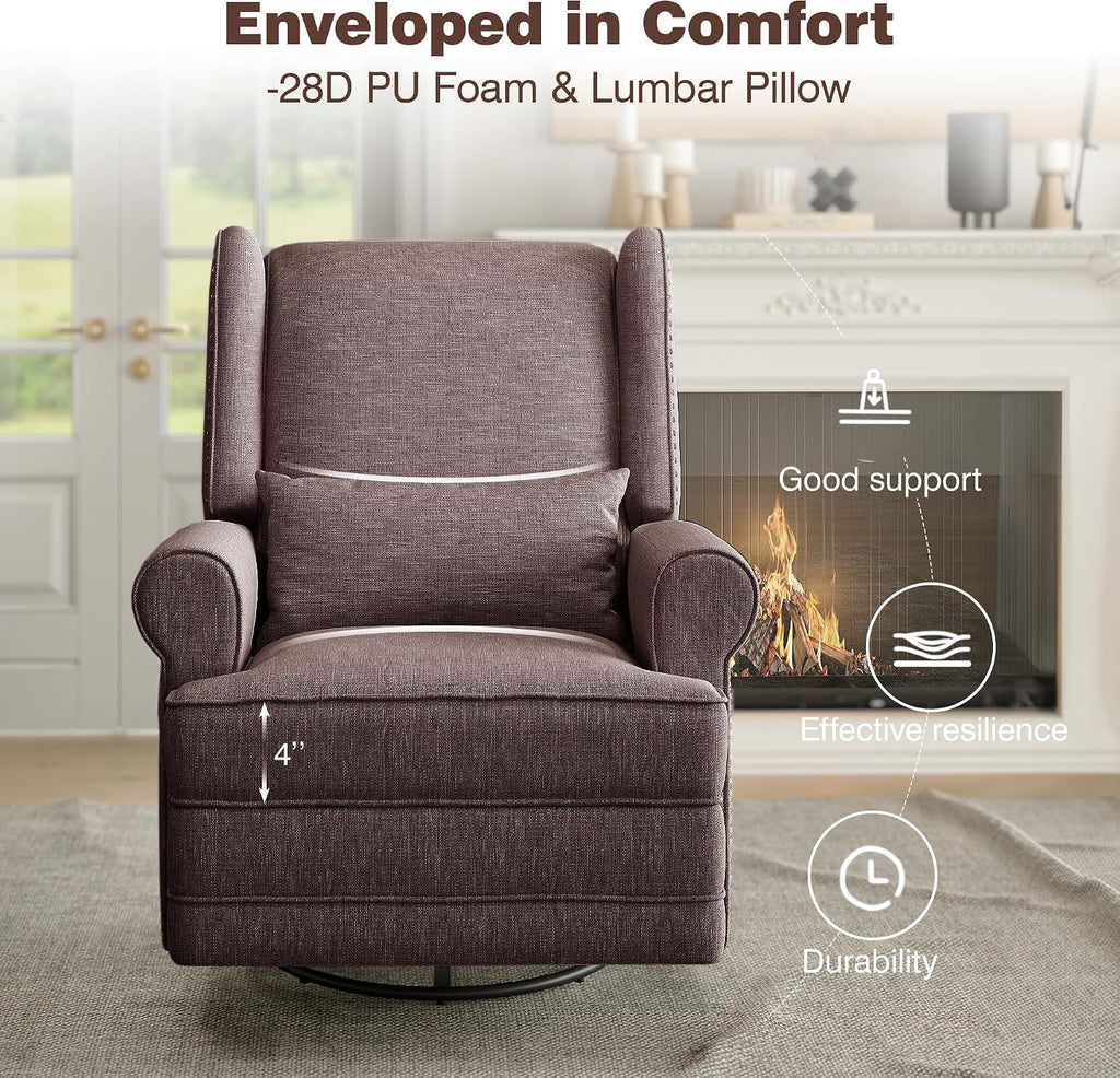 RoyalCraft Swivel Recliner Chair, Comfy Glider Rocking Chairs with Lumbar Pillow and Footrest, Upholstered Swivel Rocking Chair for Living Room, Bedroom, Brown