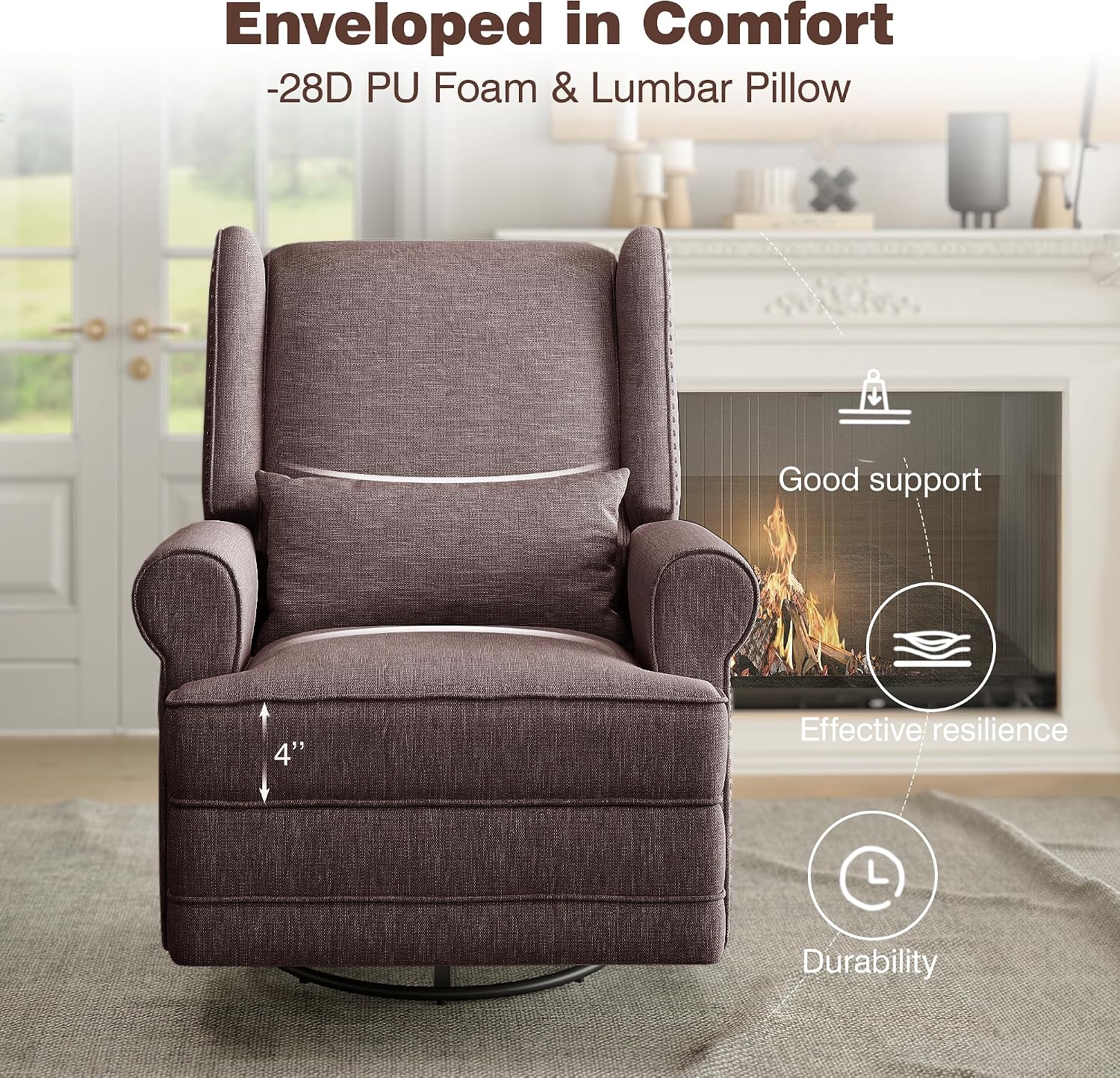 RoyalCraft Swivel Recliner Chair, Comfy Glider Rocking Chairs with Lumbar Pillow and Footrest, Upholstered Swivel Rocking Chair for Living Room, Bedroom, Brown