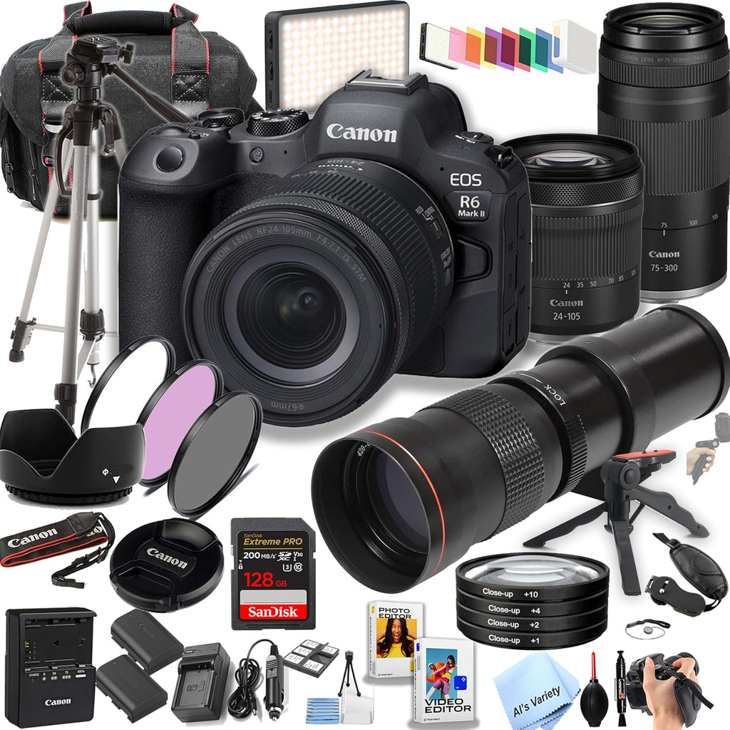 Canon EOS R6 Mark II Mirrorless Camera with 24-105mm & 75-300mm + 420-800mm Super Telephoto Lens + 128GB Extreme Memory, LED Video Light, Filters- 40pc Pro Bundle (Renewed)