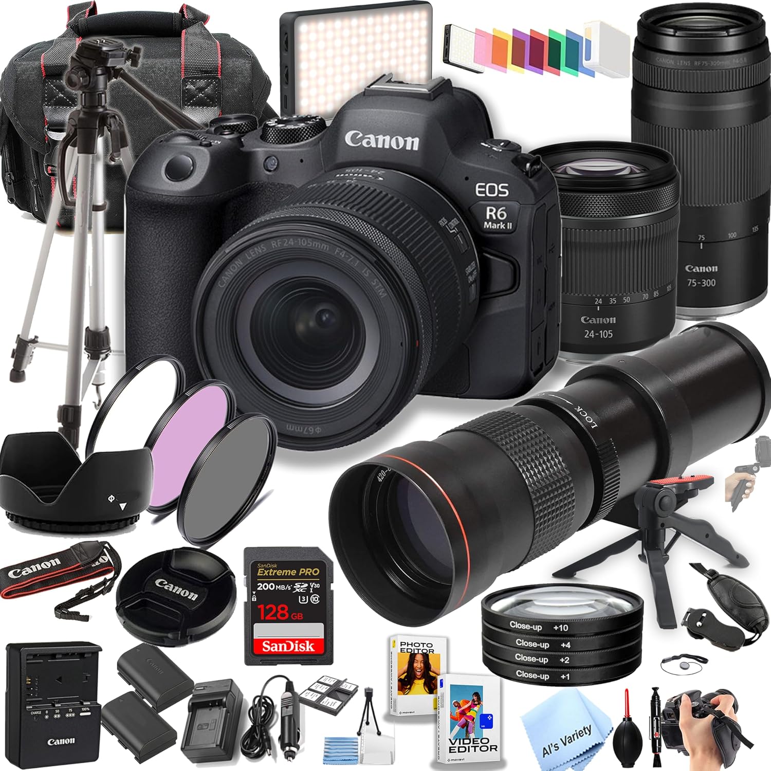 Canon EOS R6 Mark II Mirrorless Camera with 24-105mm & 75-300mm + 420-800mm Super Telephoto Lens + 128GB Extreme Memory, LED Video Light, Filters- 40pc Pro Bundle (Renewed)