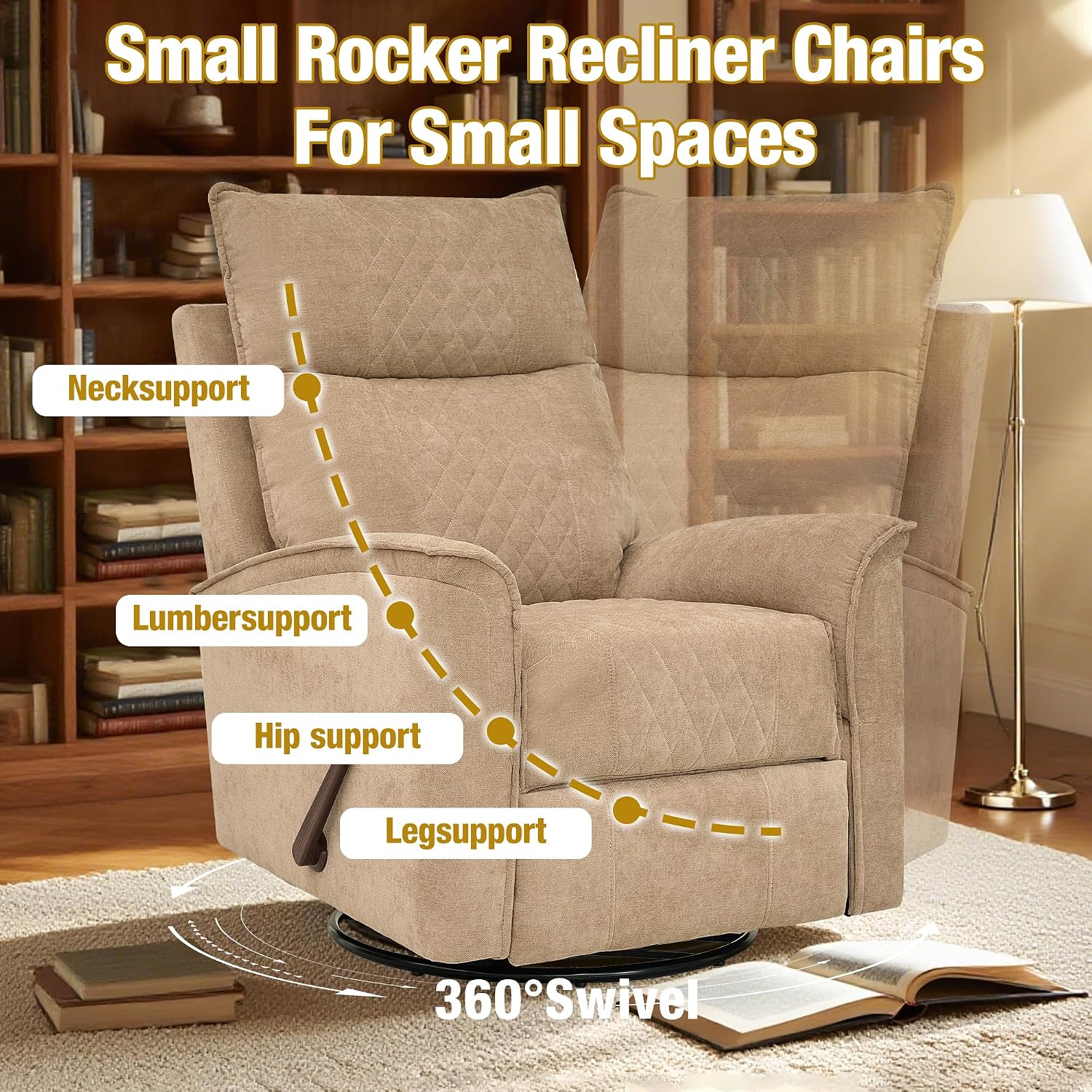 Swivel Rocker Recliner Chair for Adults, Rocking Chair, Small Swivel Recliner for Small Spaces, Living Room, Bedroom, RV(Khaki)