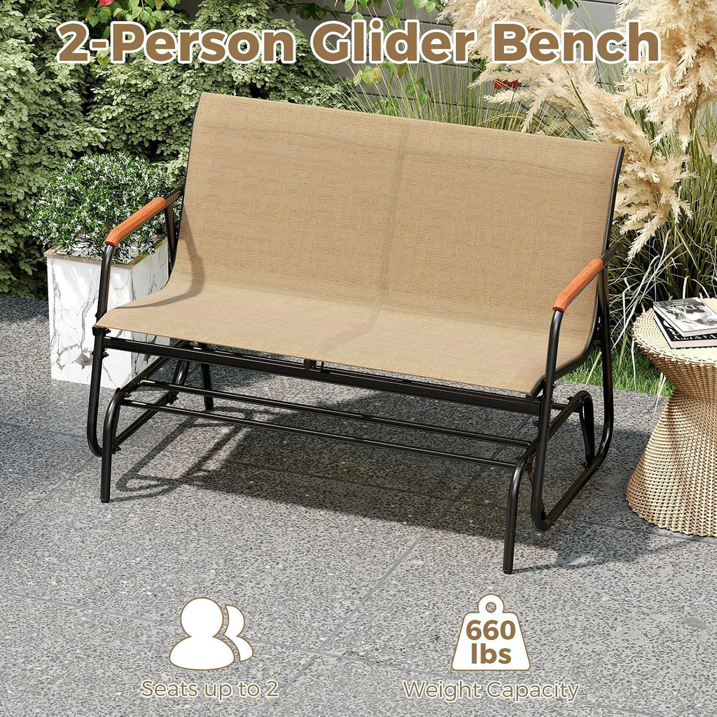 Tangkula 2-Person Outdoor Glider Bench, Patio Gliding Loveseat with Breathable Fabric Seat, Curved Teak Wood Armrests and Metal Frame, Swing Rocking Chair for Backyard, Garden, Porch, Balcony (2 Seat)