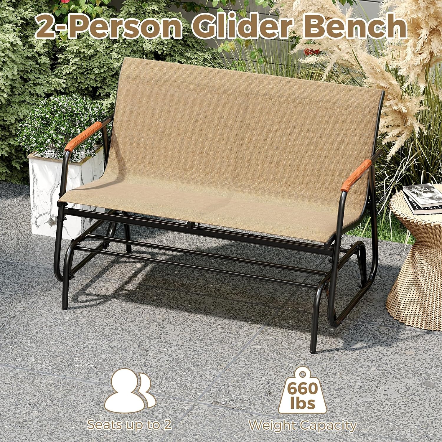 Tangkula 2-Person Outdoor Glider Bench, Patio Gliding Loveseat with Breathable Fabric Seat, Curved Teak Wood Armrests and Metal Frame, Swing Rocking Chair for Backyard, Garden, Porch, Balcony (2 Seat)