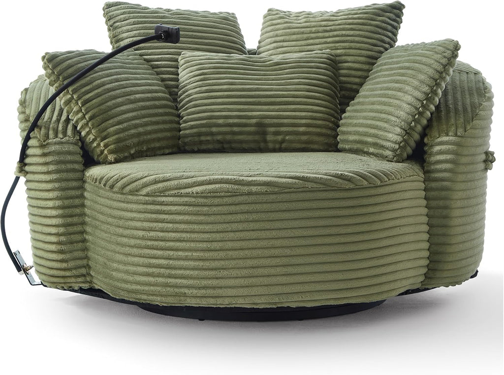 JIVOIT 360° Swivel Accent Chair with 5 Throw Pillows, Adjustable Phone Holder, Corduroy Fabric Round Sofa Chair Barrel Chair with Semi-Wraparound Design for Living Room, Office and Hotel (Green,1)