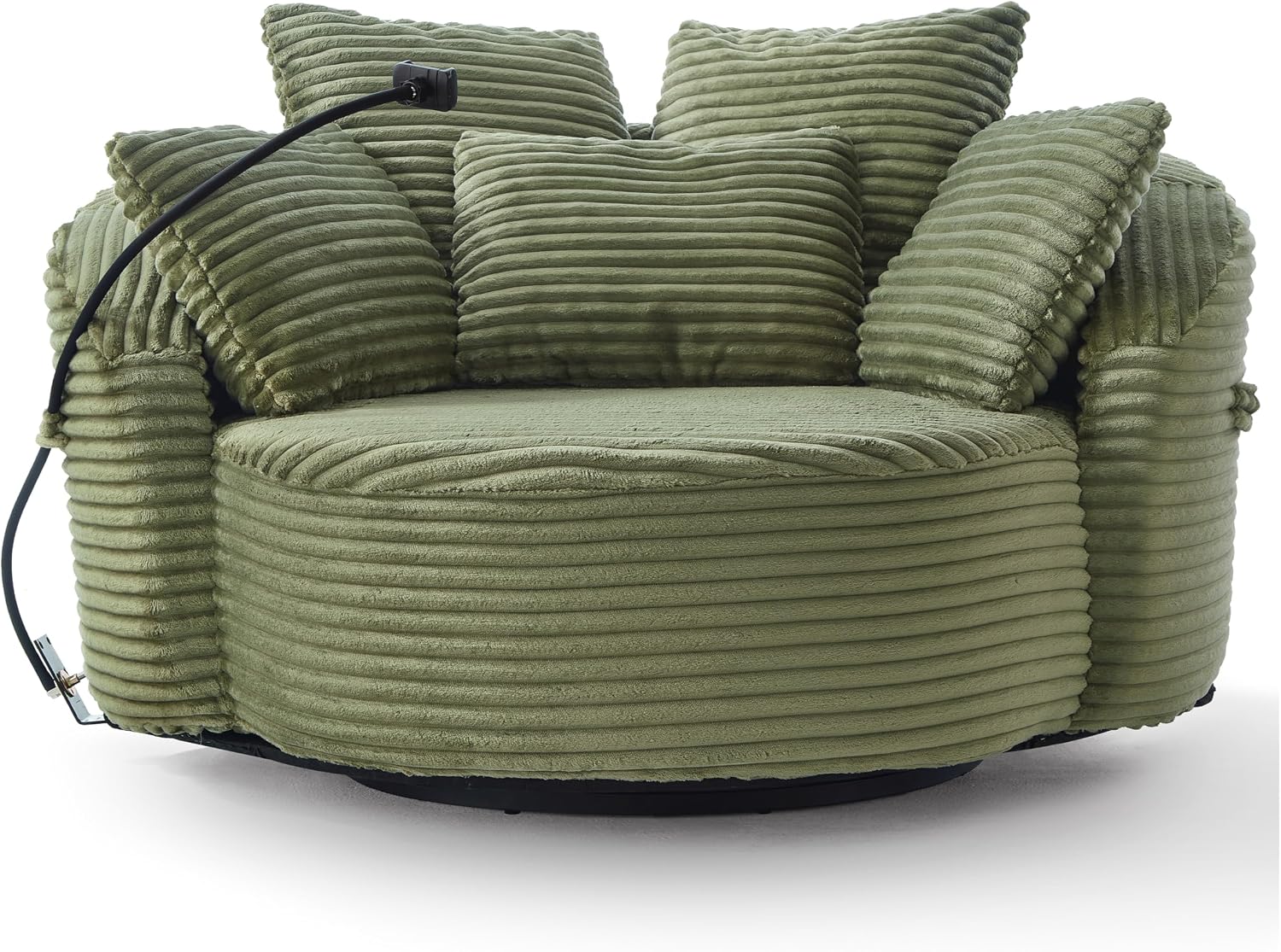 JIVOIT 360° Swivel Accent Chair with 5 Throw Pillows, Adjustable Phone Holder, Corduroy Fabric Round Sofa Chair Barrel Chair with Semi-Wraparound Design for Living Room, Office and Hotel (Green,1)