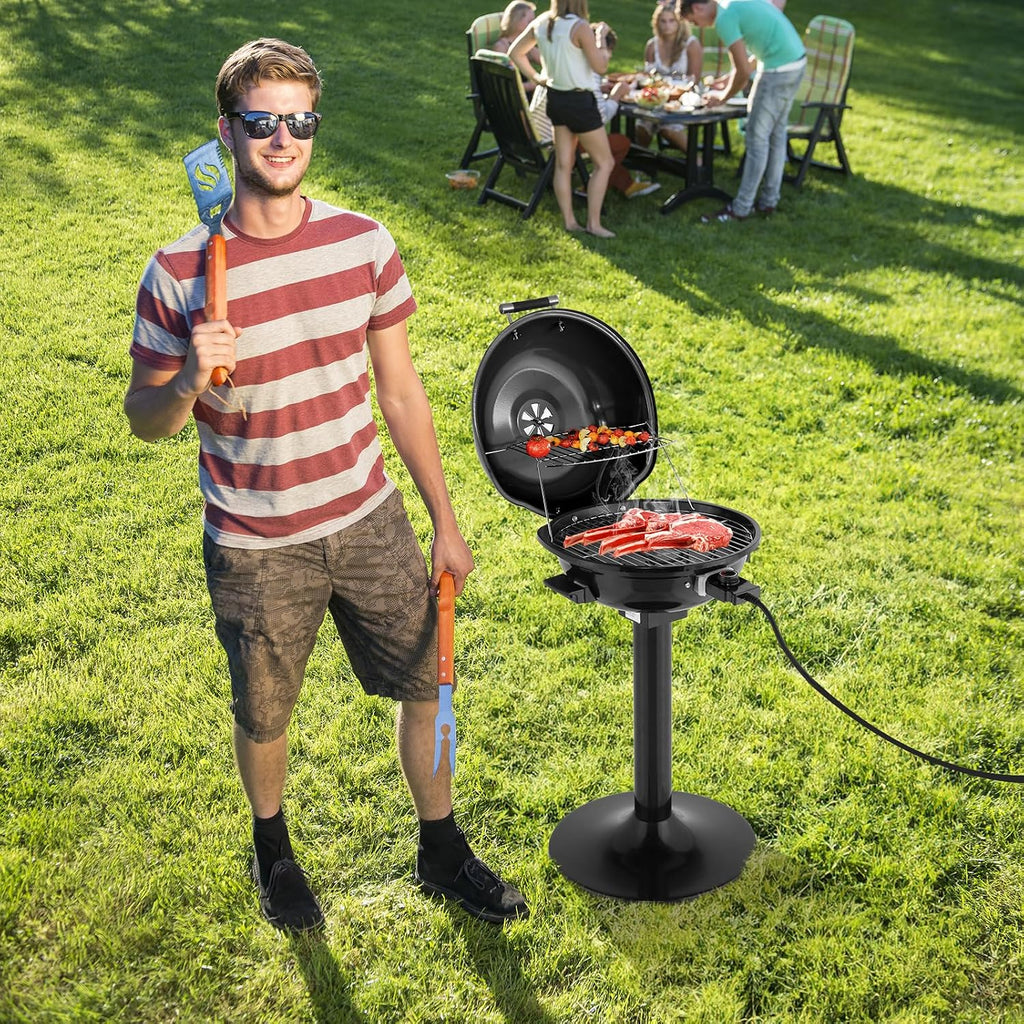 Electric Grill for Indoor Outdoor, Portable Double Layer Design Countertop BBQ Grills with Lid Stand/Tabletop Options for Barbecue Cooking (Black)