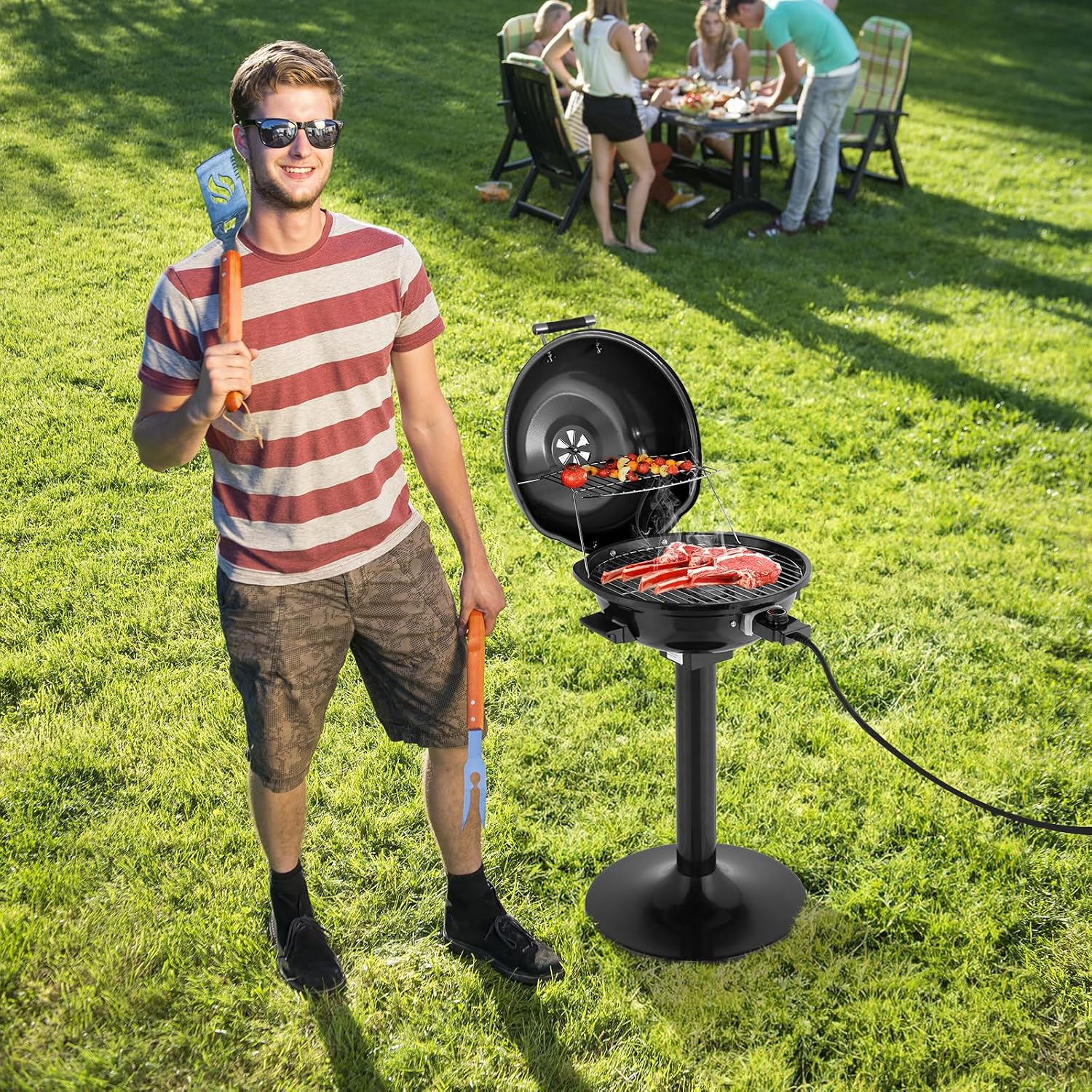 Electric Grill for Indoor Outdoor, Portable Double Layer Design Countertop BBQ Grills with Lid Stand/Tabletop Options for Barbecue Cooking (Black)
