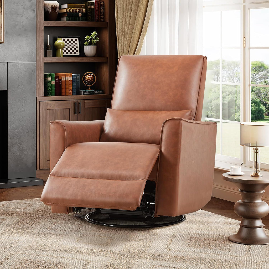 GarveeHome Recliner Chair, 360° Swivel Rocker Glider Nursery Chair with Padded Armrest and Deep Seat, PU Leather Upholstered Reclining Sofa Chair for Living Room, Bedroom and Nursery (Brown)
