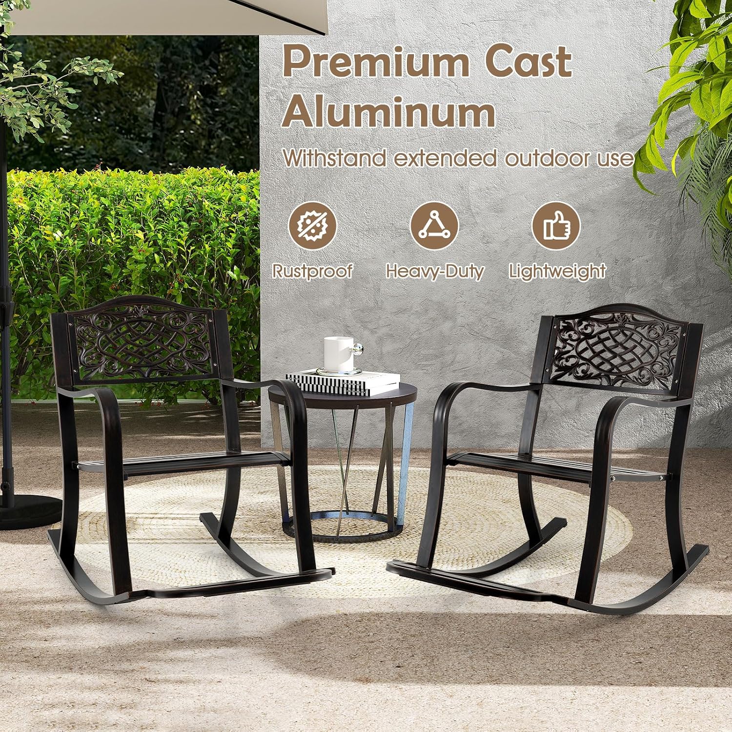Giantex Patio Rocking Chair, Outdoor Cast Aluminum Rocker w/Footrest, Backrest & Curved Armrests, Heavy-Duty Metal Classic Rocking Leisure Seat for Backyard, Poolside, Balcony (Antique Brown,1)