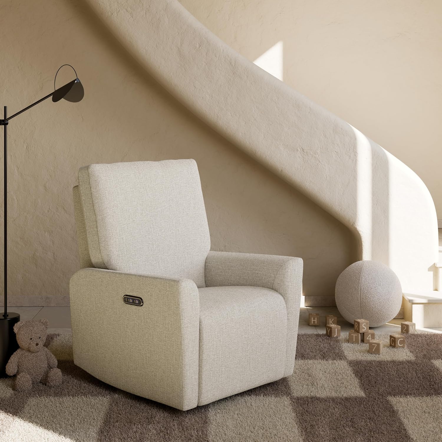 Storkcraft Santorini Deluxe Power Recliner Swivel Glider (Dune Basketweave) – Premium Electronic Power Recliner for Nursery, Includes Dual-USB Charging Port for USB-A & USB-C, Glider Rocking Chair