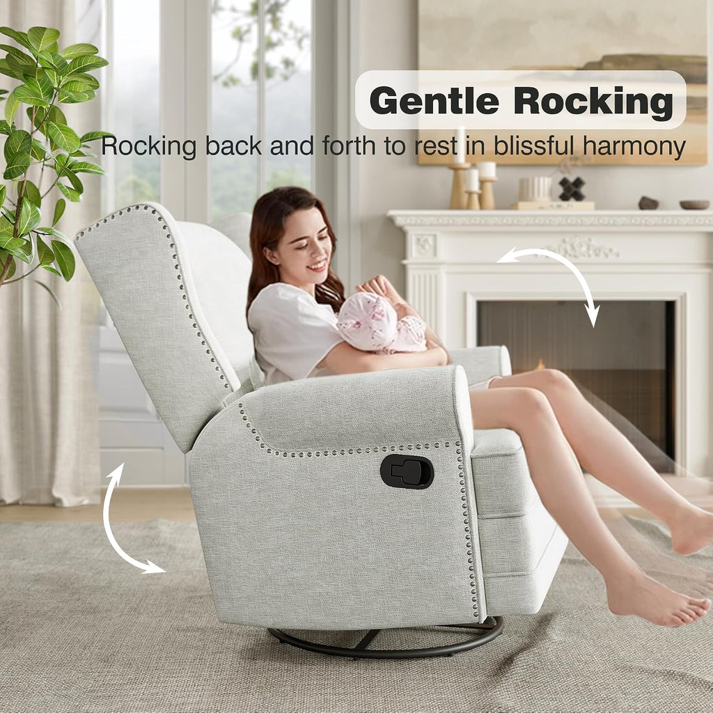 RoyalCraft Swivel Recliner Chair with Extra Large Footrest, Comfy Upholstered Glider Rocking Chair for Living Room, Bedroom and Office, Off White