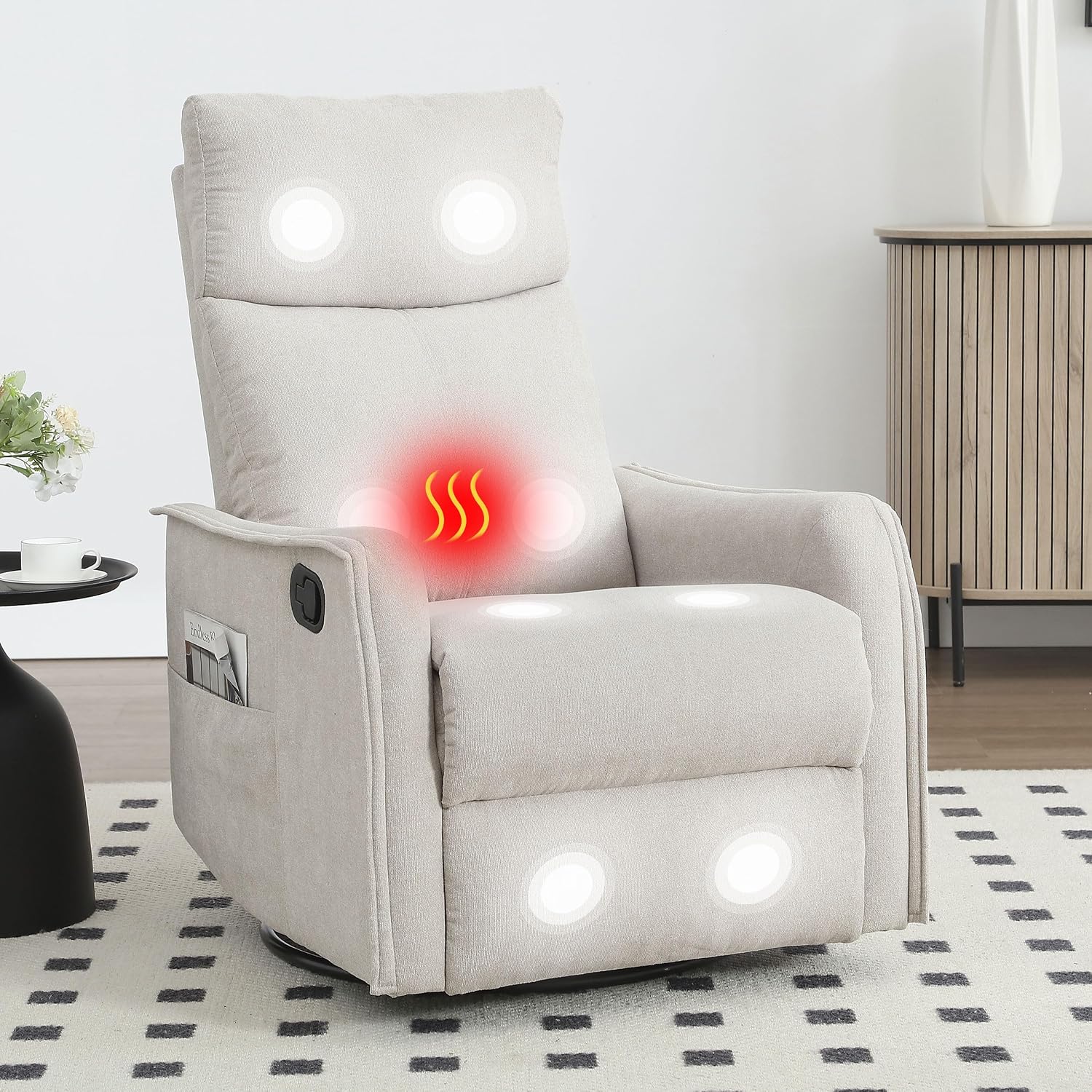 Massage Rocker Swivel Recliner Chair for Adults, Manual Recliner Glider with Lumbar Heating, Technical Flannel Fabric Nursery Glider Rocking Chair with Vibration Massage for Living Room - Beige