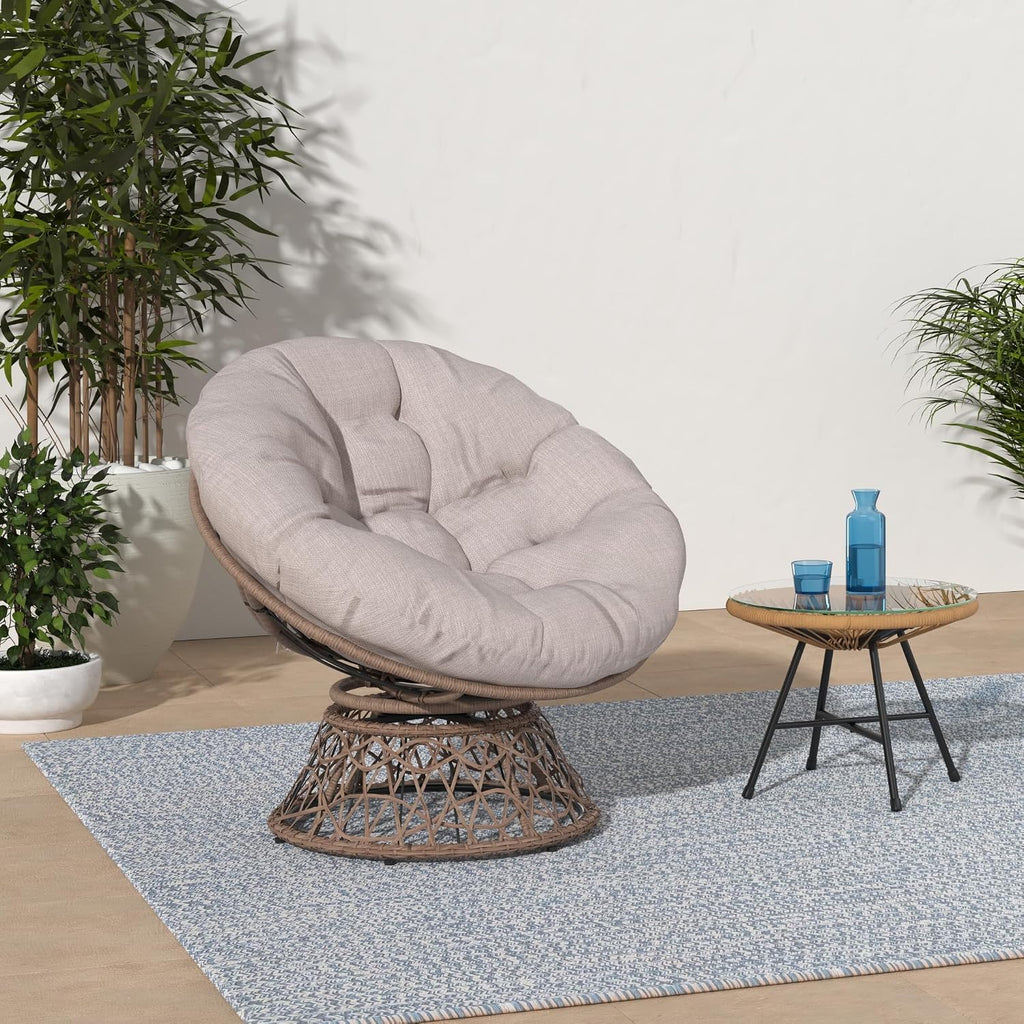 Bme 40' Ergonomic Wicker Papasan Chair with Soft Thick Density Fabric Cushion, High Capacity Steel Frame, 360 Degree Swivel for Living, Bedroom, Reading Room, Lounge, Silver Cloud - Brown Base