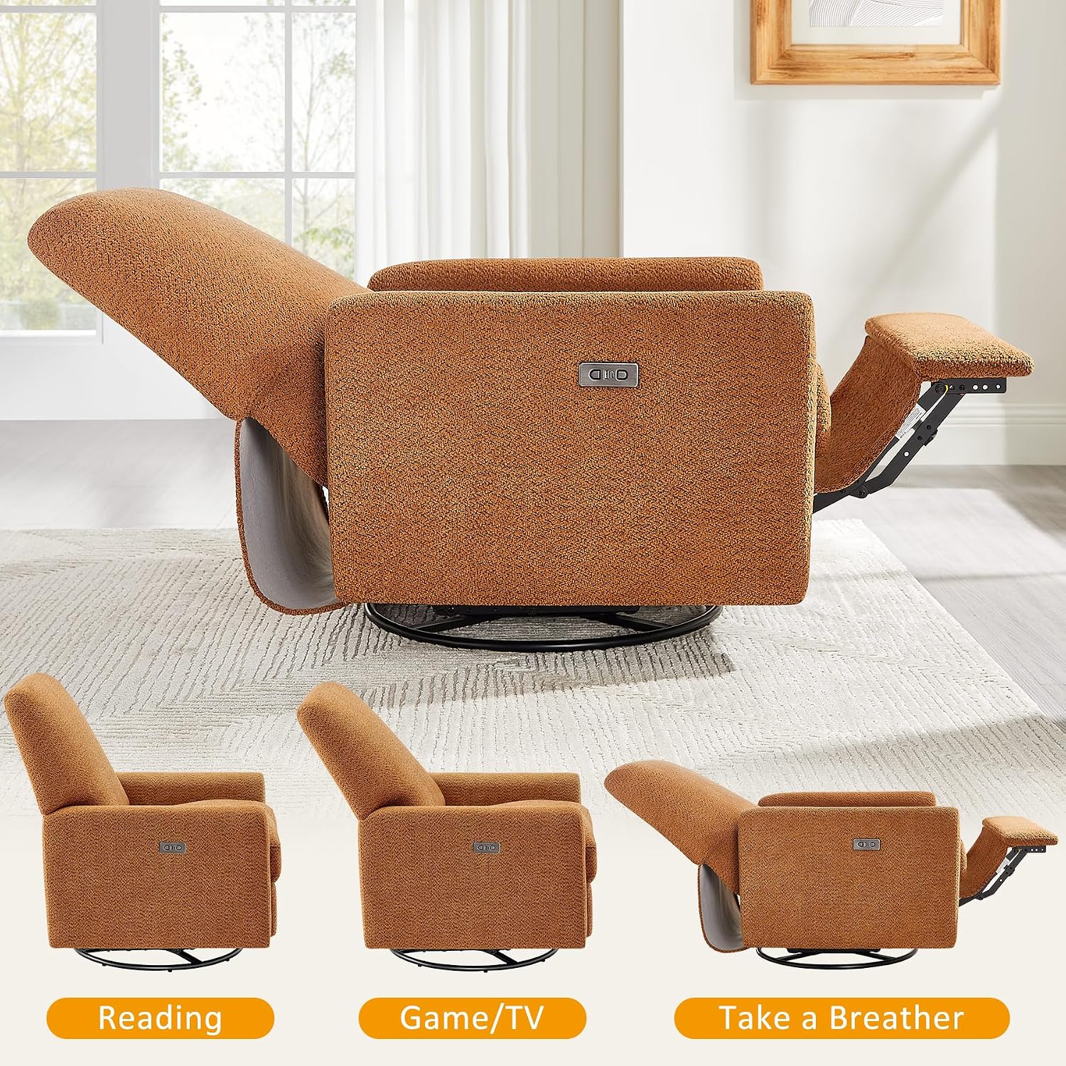 VANOMi Power Recliner Chair, 270° Swivel Nursery Chair with USB Charging Port Comfy Boucle Glider Rocking Chairs for Living Room, Nursery, Bedroom, Curry
