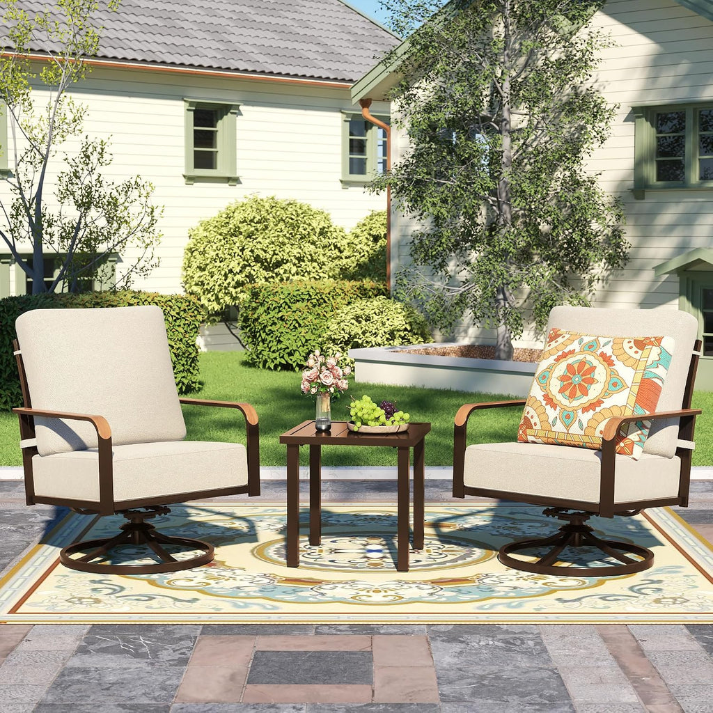 NATURAL EXPRESSIONS Outdoor Bistro Set,3 Piece Swivel Glider Rocking Chairs Patio Conversation Furniture Set with 2 Rockers,Metal Table,6' Thick Cushions for Backyard, Porch,Balcony,350lbs (Off-white)
