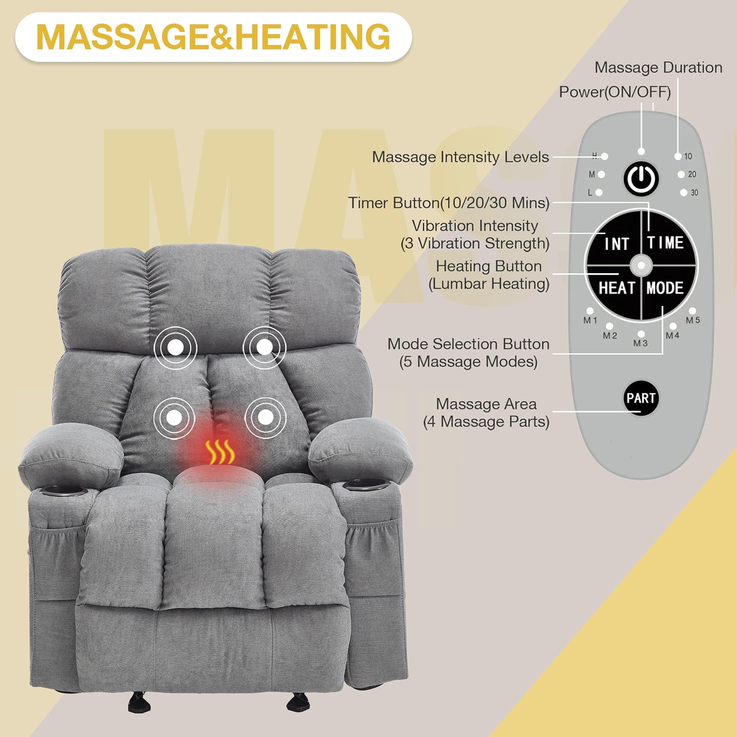 Massage Recliner Chair, Overstuffed Rocker Lazy Boy Chairs with Vibration&Gently Heat,Fabric Ergonomic Manual Nursery Chair for Living Room with Side Pocket, 2 Cup Holders, Grey