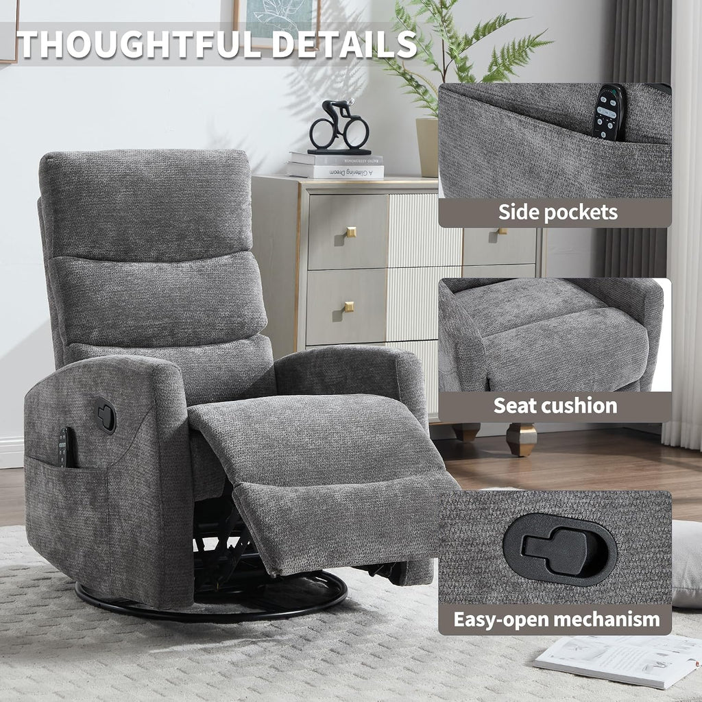 Manual Swivel Rocker Recliner Chair for Adults, Overstuffed Reclining Glider Chair for Nursing with Vibration Massage & Heat, Living Room Rocking Recliner 3-Stage backrest, Chenille Fabric Dark Gray