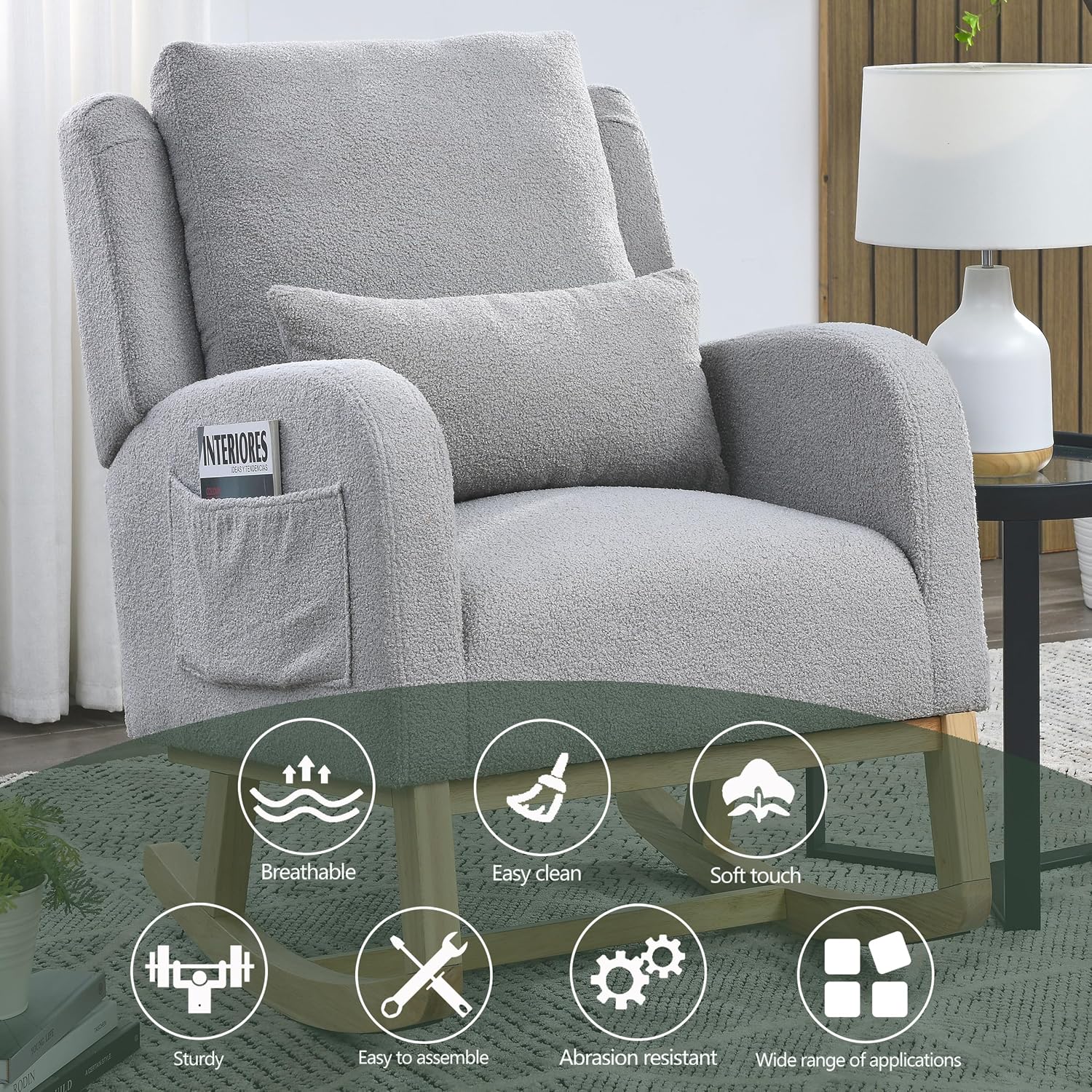 27.5 'W Nursery Rocking Chair Teddy Upholstered Accent Rocker Chair with Pillow Cushion Comfy Soft Rocker Glider Solid Rubber Wood Leg for Bedroom Living Room Nursing Room, Grey