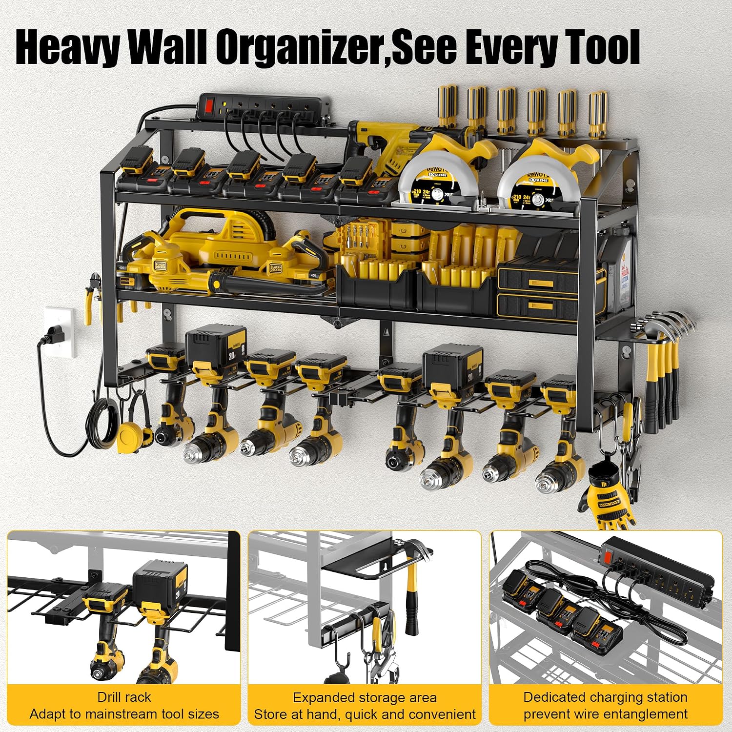 Spampur Power Tool Organizer Wall Mount with Charging Station, 3 Layers Storage Rack with 8 Cordless Drill Hangers, Tool Battery Holder Built in 6 Outlet Power Strip, Utility Racks for Garage Workshop