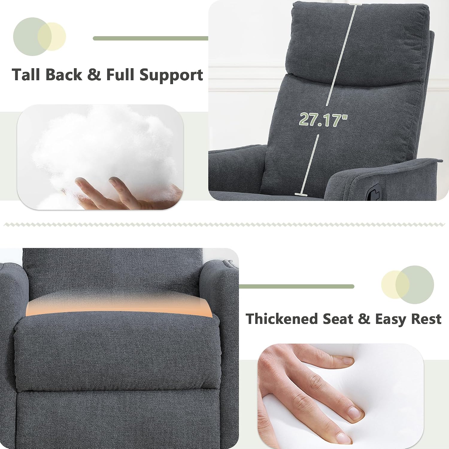 cinkehome Swivel Rocker Recliner, Glider Rocker Recliner Chair for Nursery, Manual Reclining Chair with Heated Massage, Small Spaces, Living Room, Linen Dark Grey