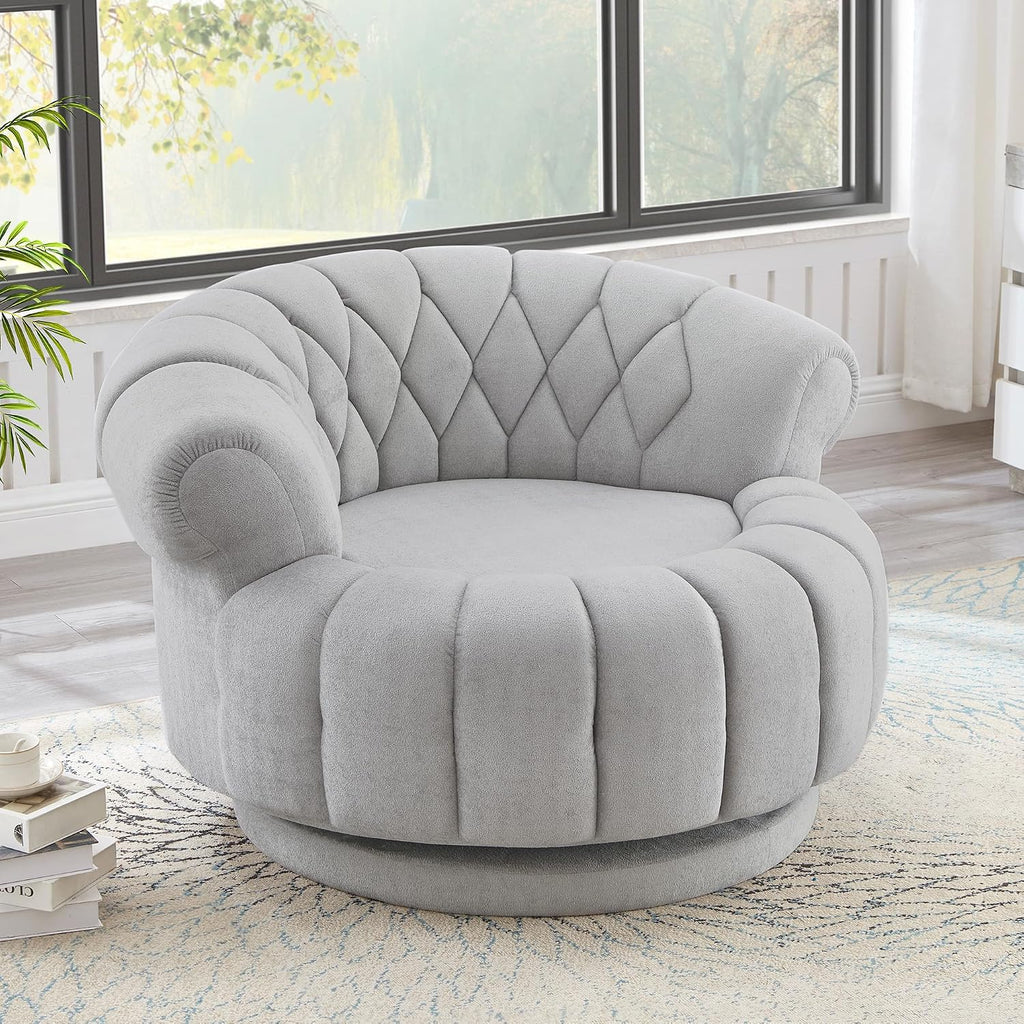 360° Swivel Accent Chair, Chenille Fabric Barrel Swivel Chair Round Club Chair with Curved Armrests & Thick Cushioning, Stylish Channel-Tufted & Diamond-Quilted Backrest for Living Room (Gray,02)