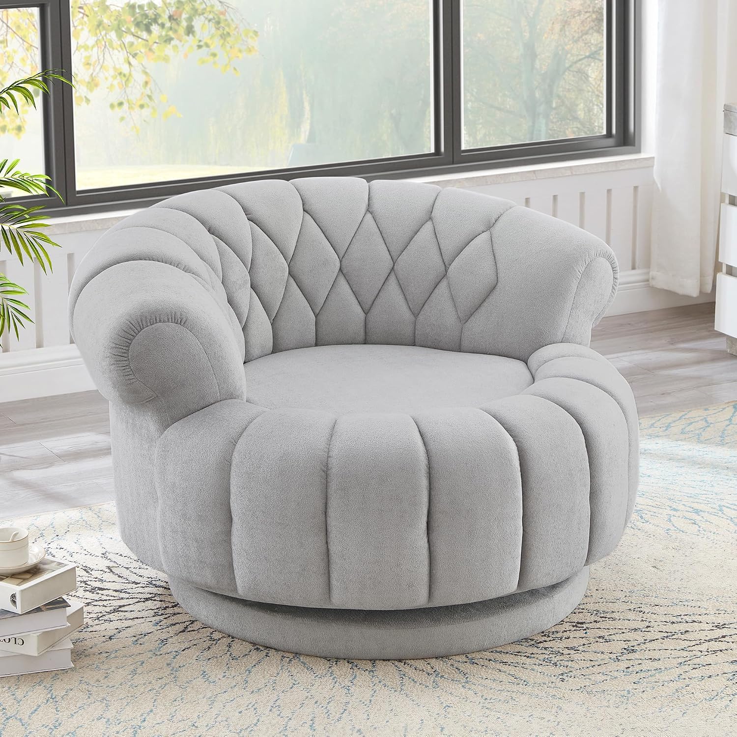360° Swivel Accent Chair, Chenille Fabric Barrel Swivel Chair Round Club Chair with Curved Armrests & Thick Cushioning, Stylish Channel-Tufted & Diamond-Quilted Backrest for Living Room (Gray,02)