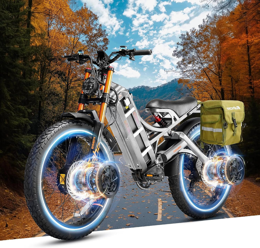 eAhora 2025 Romeo Pro 2 Electric Bike for Adults 4000W Dual Motor Electric Bicycle 46MPH 52V 70Ah 200+Miles Long Range 26 * 4.0 Fat Tire Full Suspension Electric Mountain Bike with Rack+Bag Gray