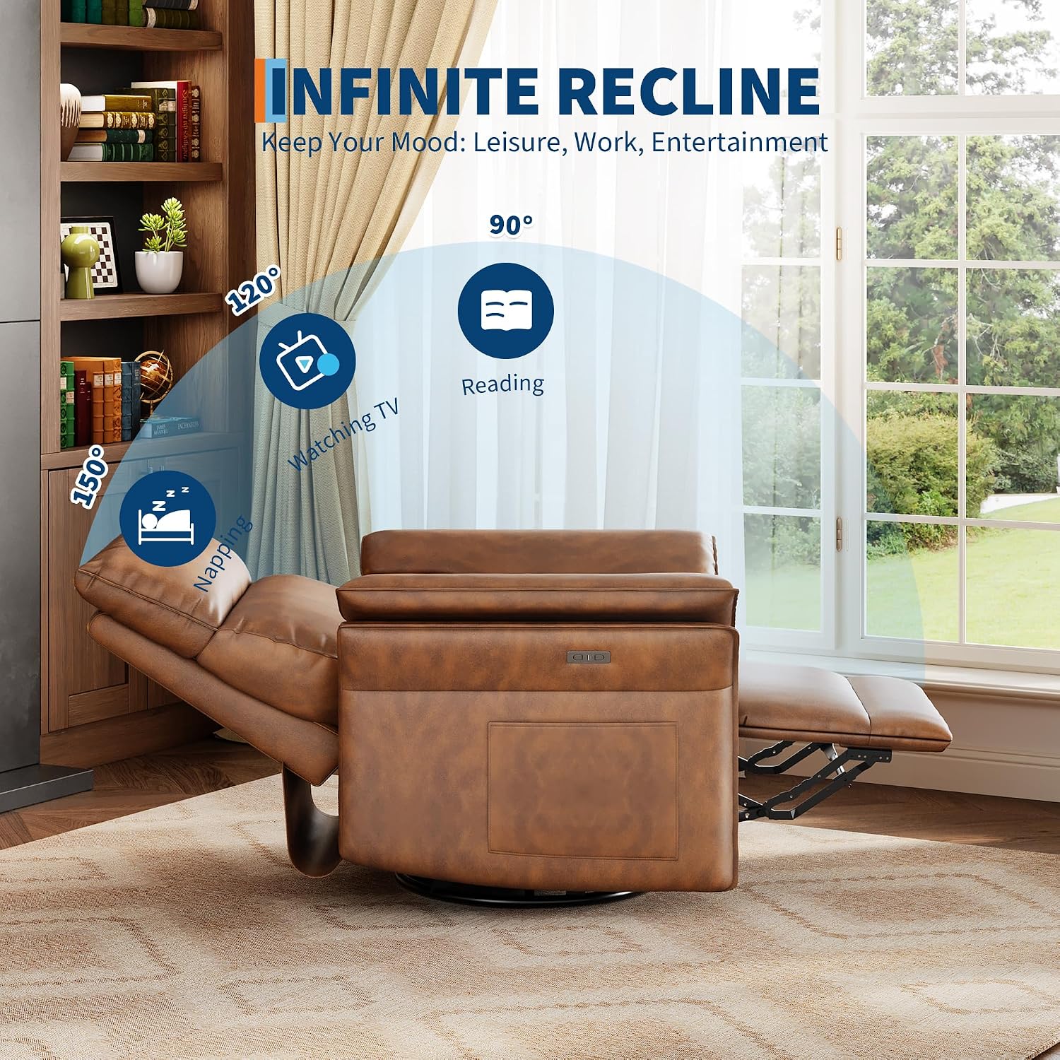 IDEALHOUSE Power Recliner Chair, 270 °Swivel Rocking Glider with USB Charging Port, PU Leather Upholstered Fabric and Double-Layer Armrests, Nursery Chair for Living Room, Nursery (Walnut)