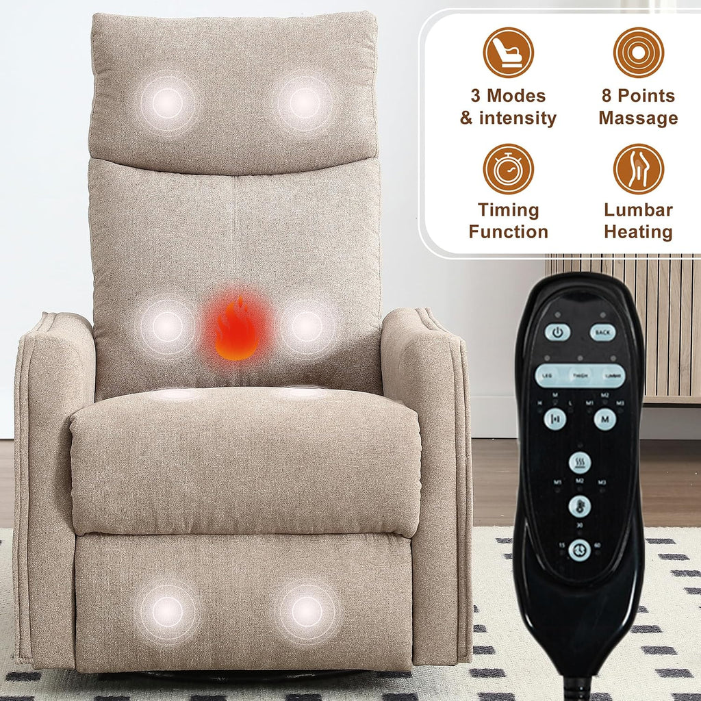 cinkehome Swivel Rocker Recliner Chair with Heated Massage, Rocking Reclining Chairs for Nursery, Small Spaces, High Back, Side Pocket
