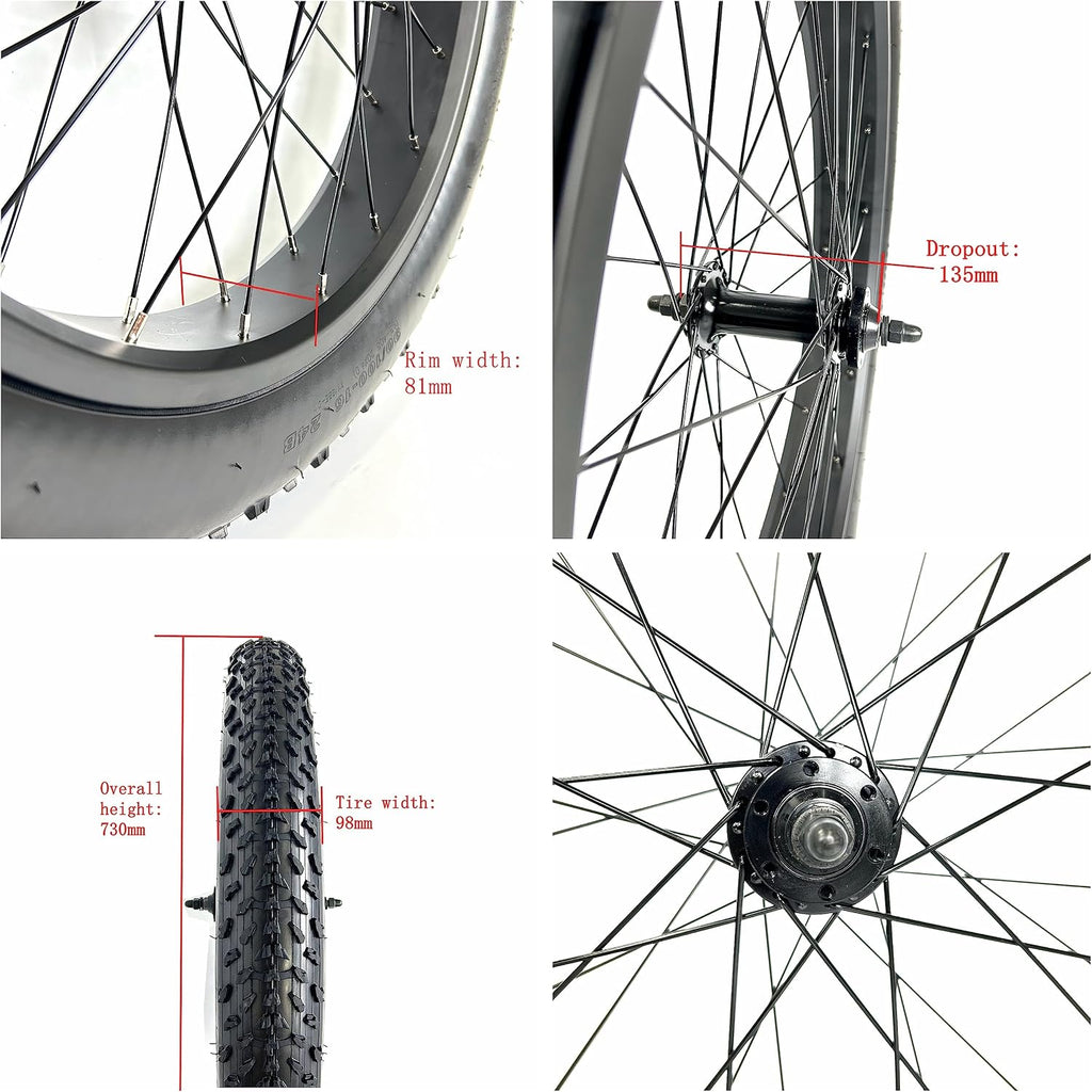 Electric Fat Bike Front Wheel 26''x4.0 with Tire Bearing Hub 12GA Spokes Black Alloy Aluminum Snow Bicycle fatbike Rim Wheel 26 Bolt On
